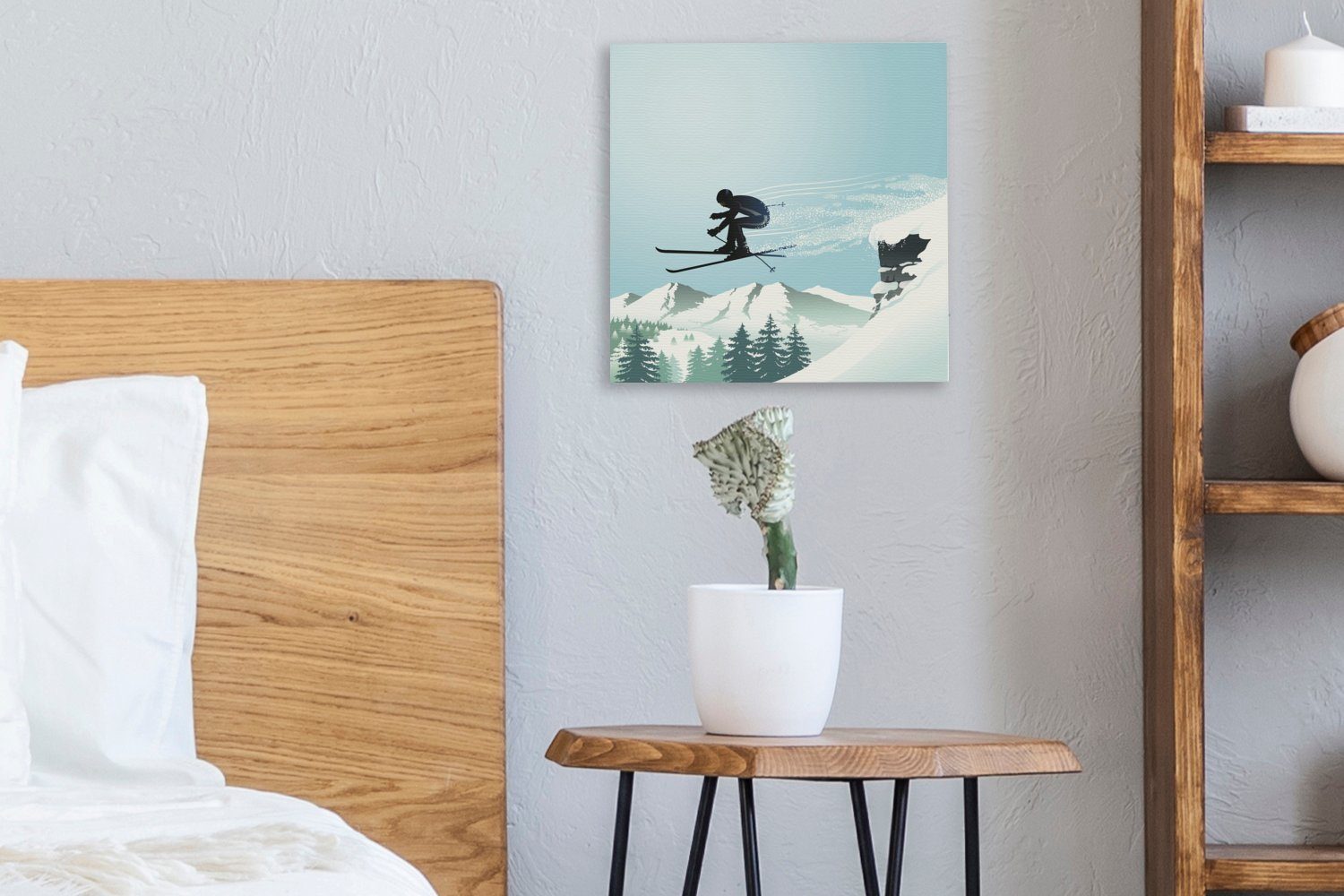 OneMillionCanvasses® Leinwandbild Eine Schlafzimmer Wohnzimmer Hochsprungs (1 St), eines Leinwand des Illustration Bilder Skifahrers, für