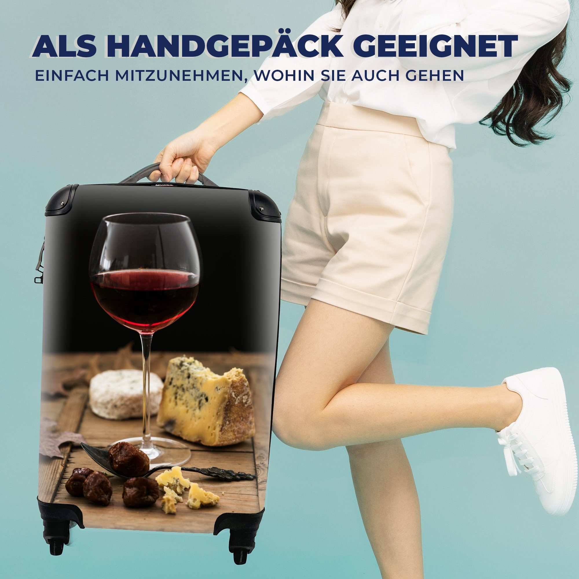 MuchoWow Trolley, Rotwein Holzbrett, Reisetasche Reisekoffer 4 Rollen, für mit einem Handgepäckkoffer mit Ferien, rollen, Handgepäck auf Käse