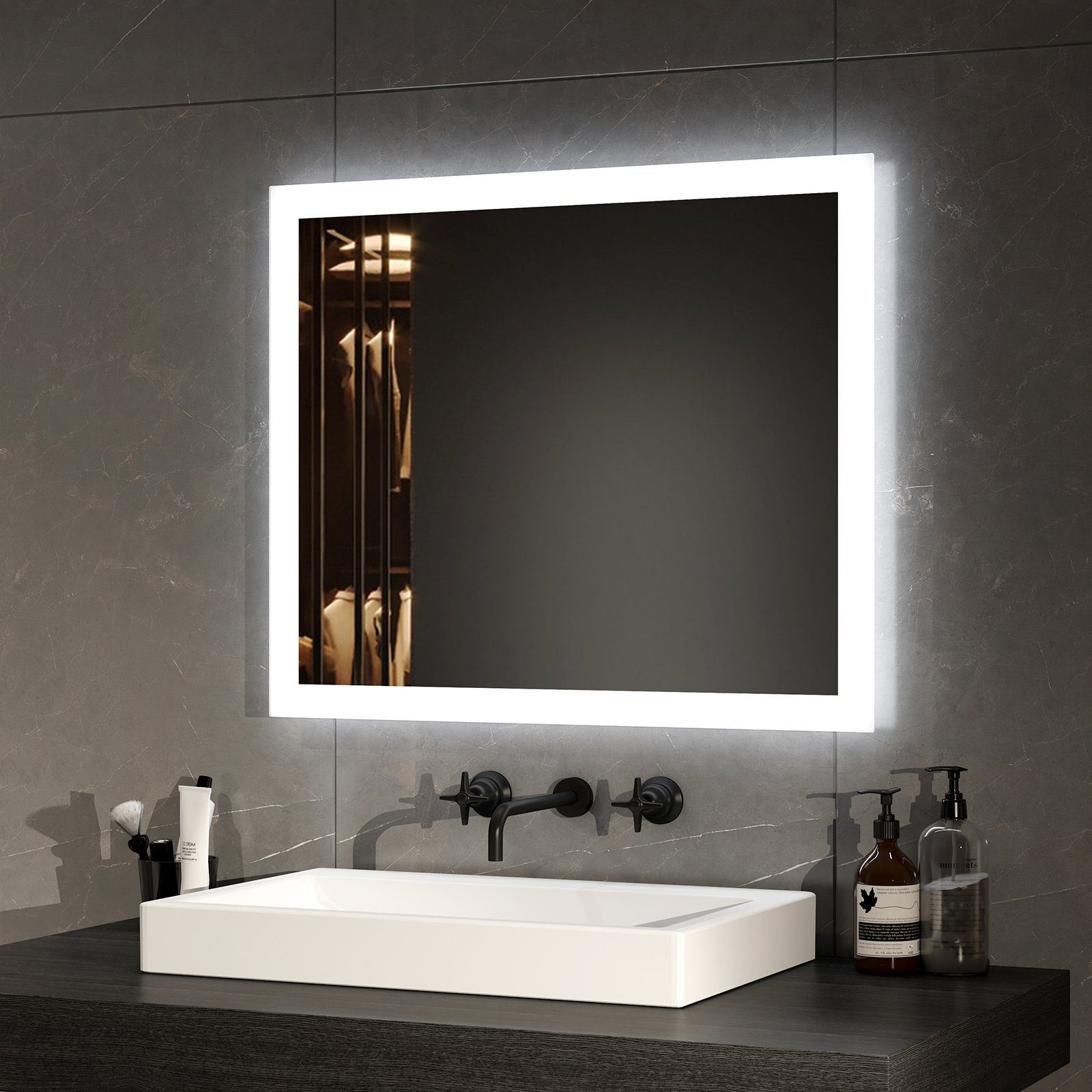 EMKE Badspiegel mit Beleuchtung LED Knopfschalter Warmweiß/Kaltweiß Antibeschlag (Vertikal und Horizontal möglich, Breite: 60~120cm), 2 Lichtfarbe, IP44