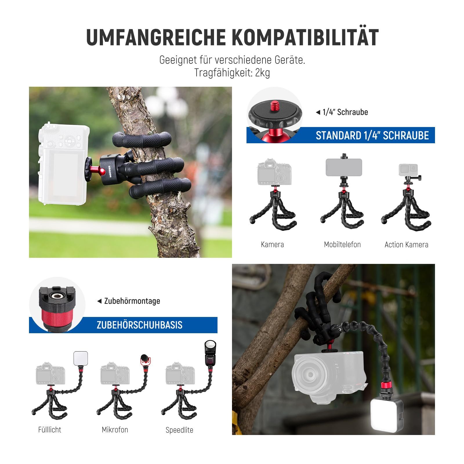 Neewer T91 Flexibles Stativ mit 2 Magic Arms für Smartphone & Kamera Ministativ (höhe:29cm)