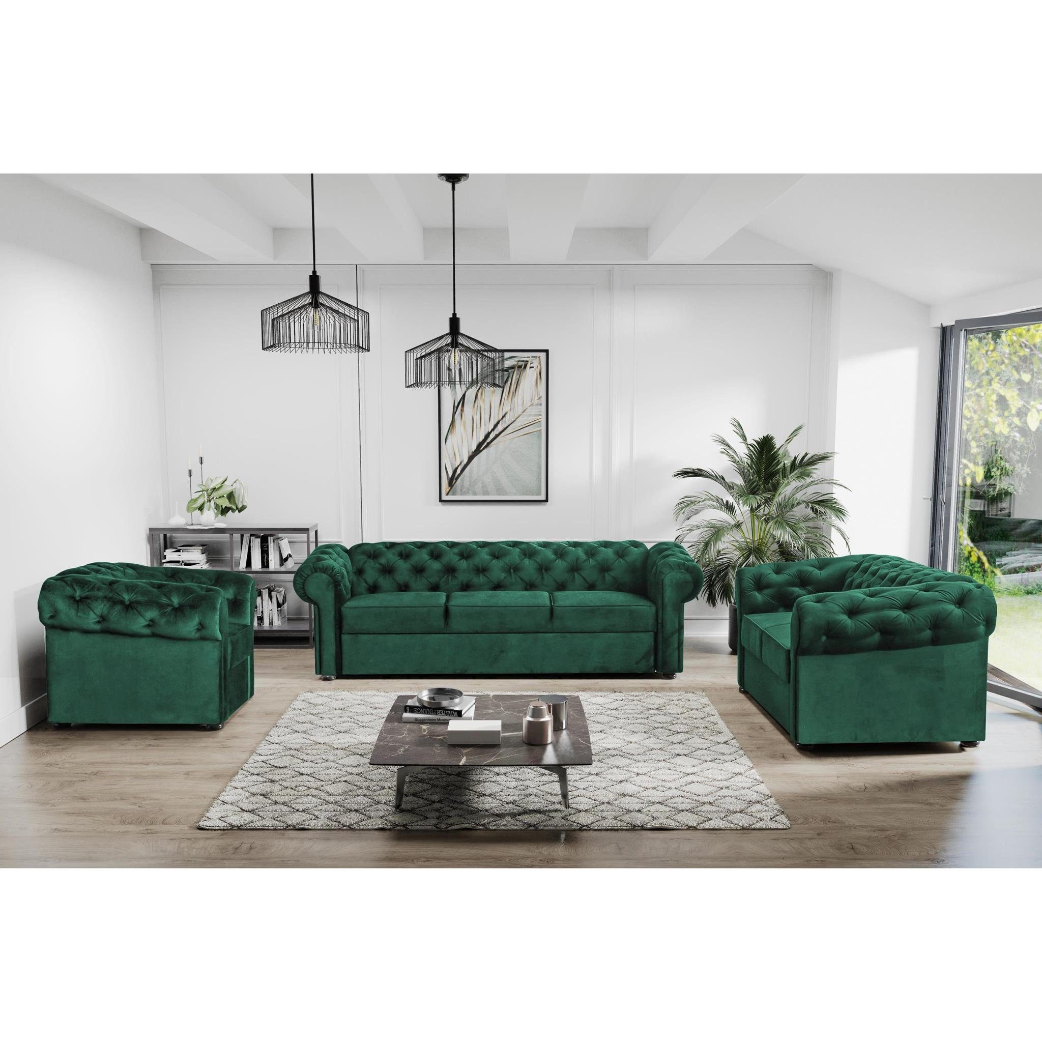 (kronos Velours, Beautysofa Chester, aus 3-Sitzer Relaxfunktion Sofa mit Dreisitzer Steppung, Sofa 19) mit Flasches Grün