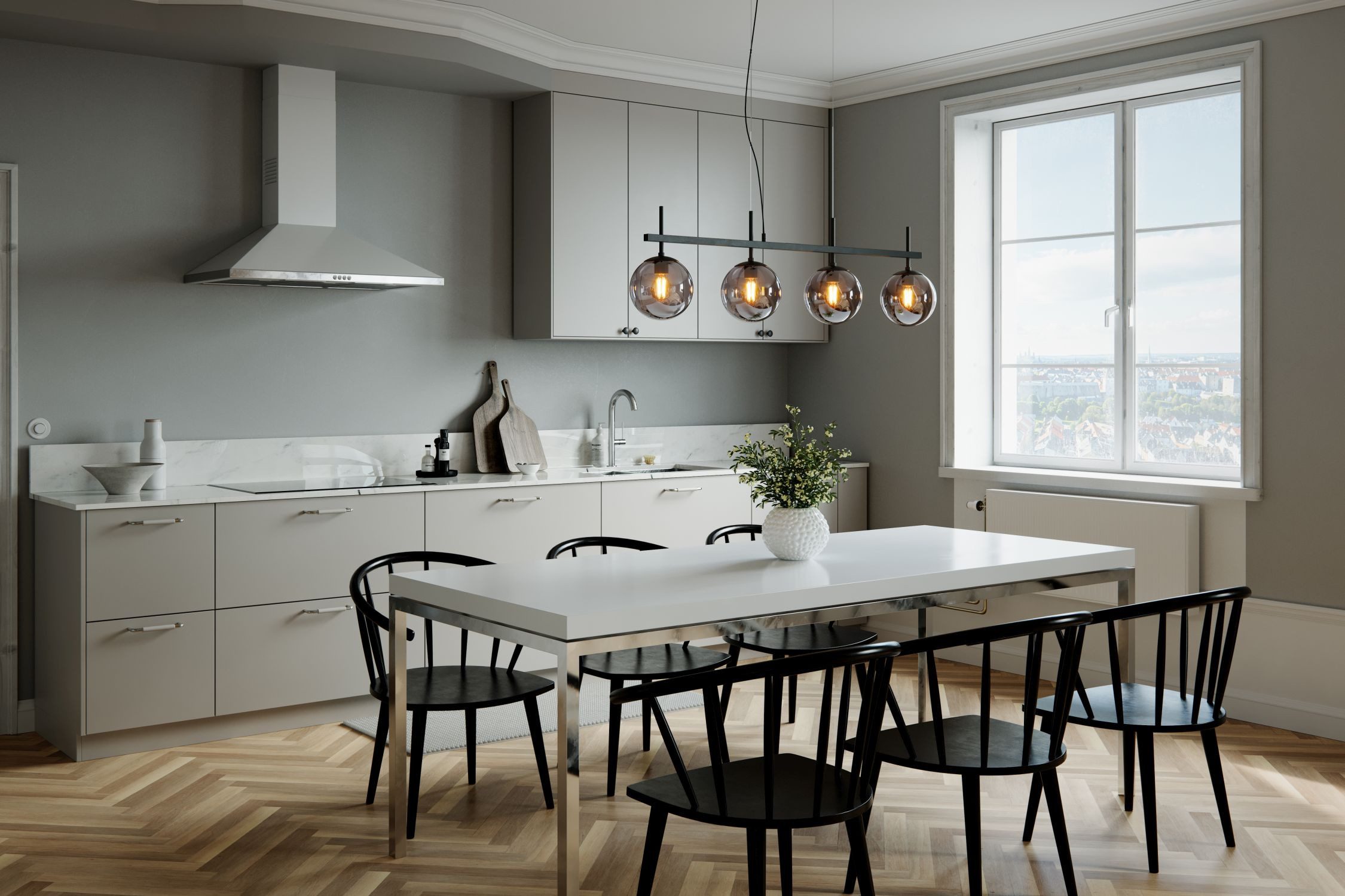 Licht-Erlebnisse Pendelleuchte LOKE, ohne Leuchtmittel, L: 117 cm H: max. 140 cm verstellbar 4x E27 Kugel Schirm Rauchglas