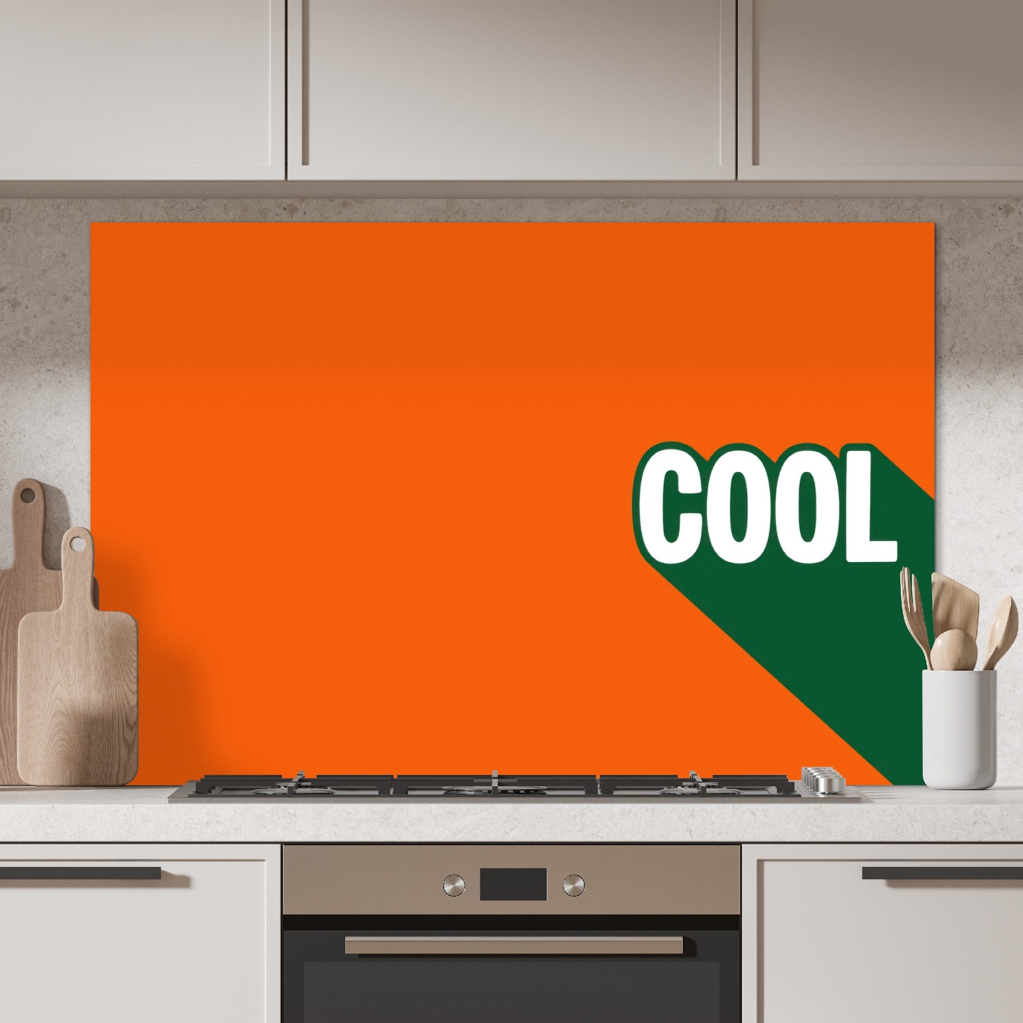 KitchenYeah Küchenrückwand Kühl - Orange - Grün, (1-tlg), Spritzschutz Herd Wand, Küchen Deko, 120x80 cm