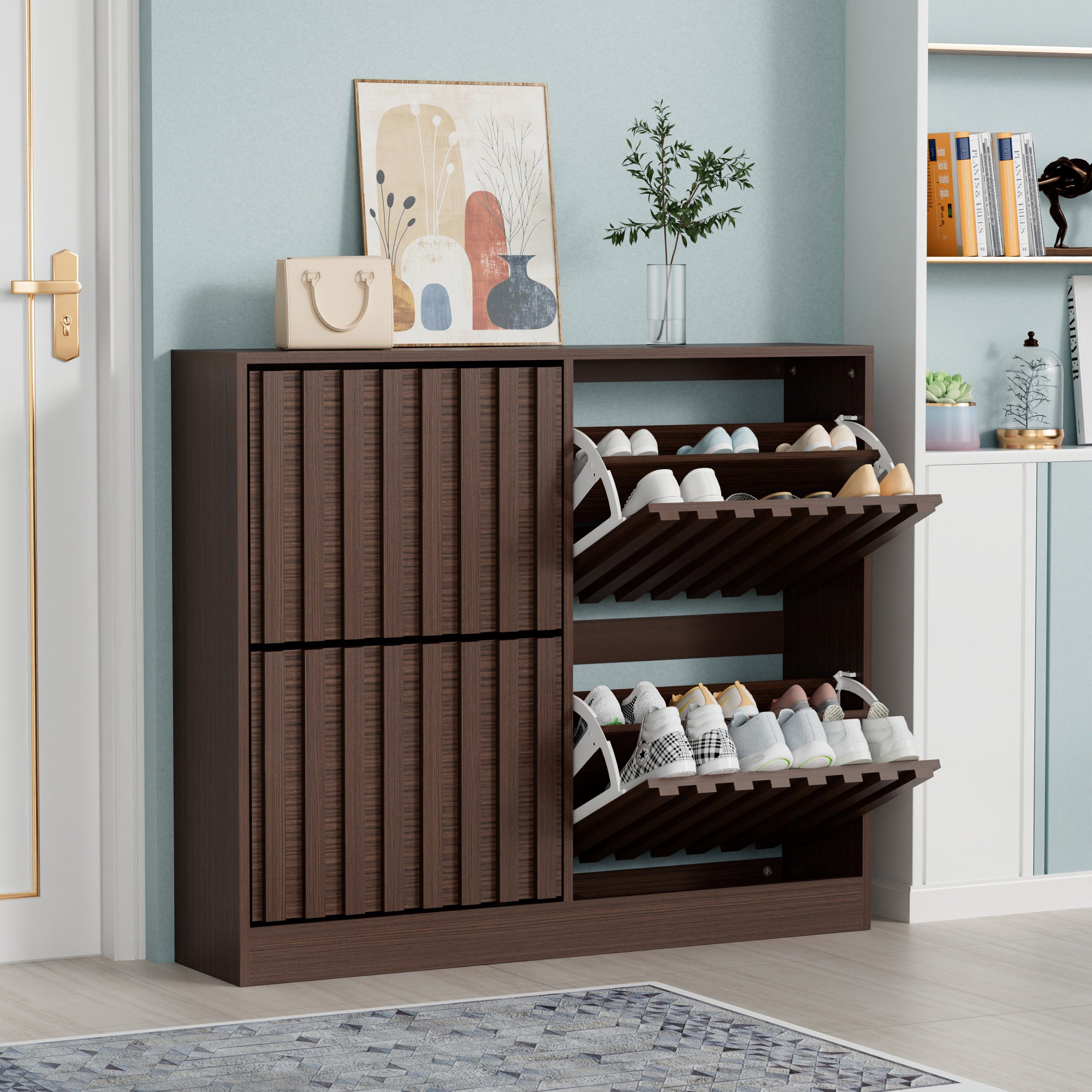 UEV Schuhschrank mit 4 Klappen, Schuhregal Schmal, Schuhkipper (Packung, Schuhkommode mit Anti-Kipp System) verstellbare und herausnehmbare Trennwände für verschiedene Schuhtypen