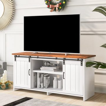 Celya Sideboard TV-Ständer, Küchenschrank, Aufbewahrungsschrank, Beistellschrank, mit 2 Schiebetüren, verstellbare Ablage, ffenen Regalfächern
