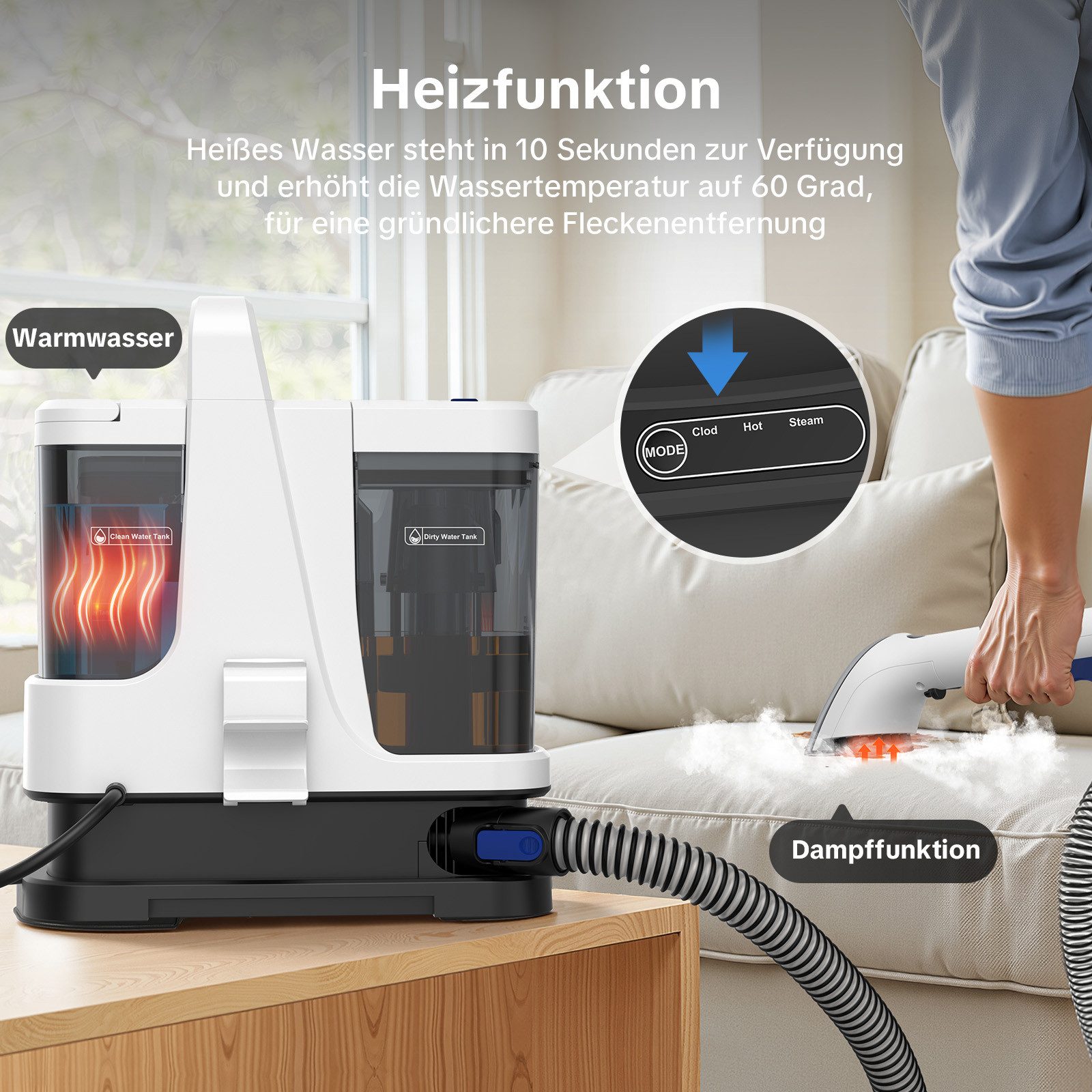 lubluelu Teppichreinigungsgerät V9 mit Dampffunktion Teppichreiniger Polsterreiniger 16500PA 3-in-1, 1250 W, beutellos, 100°C Dampf, 60°C Heißwasser, Kaltwasser-Funktion, Selbstreinigung