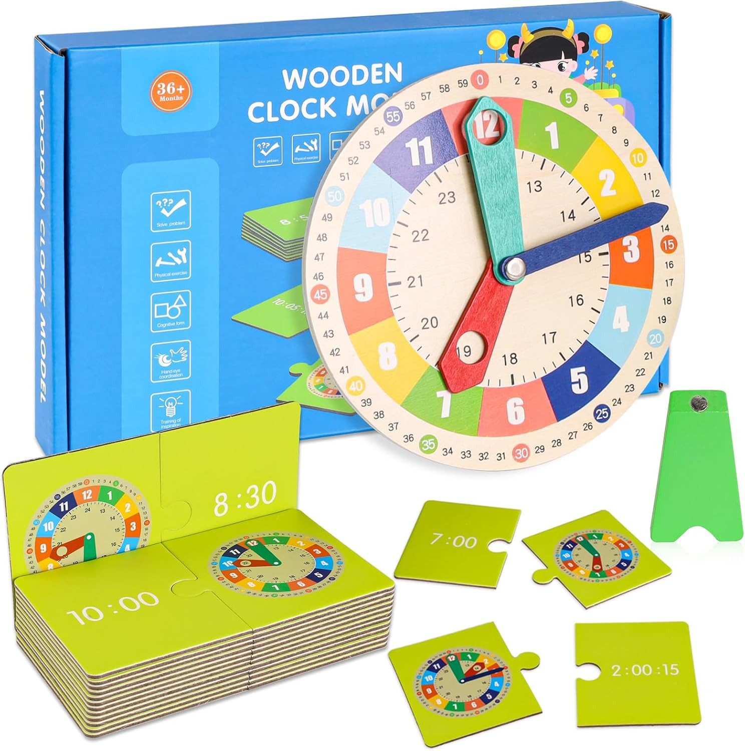 Coonoor Lernspielzeug Holz Lernuhren Kinder, Lernspielzeug Uhr mit 15 Frage günstig online kaufen