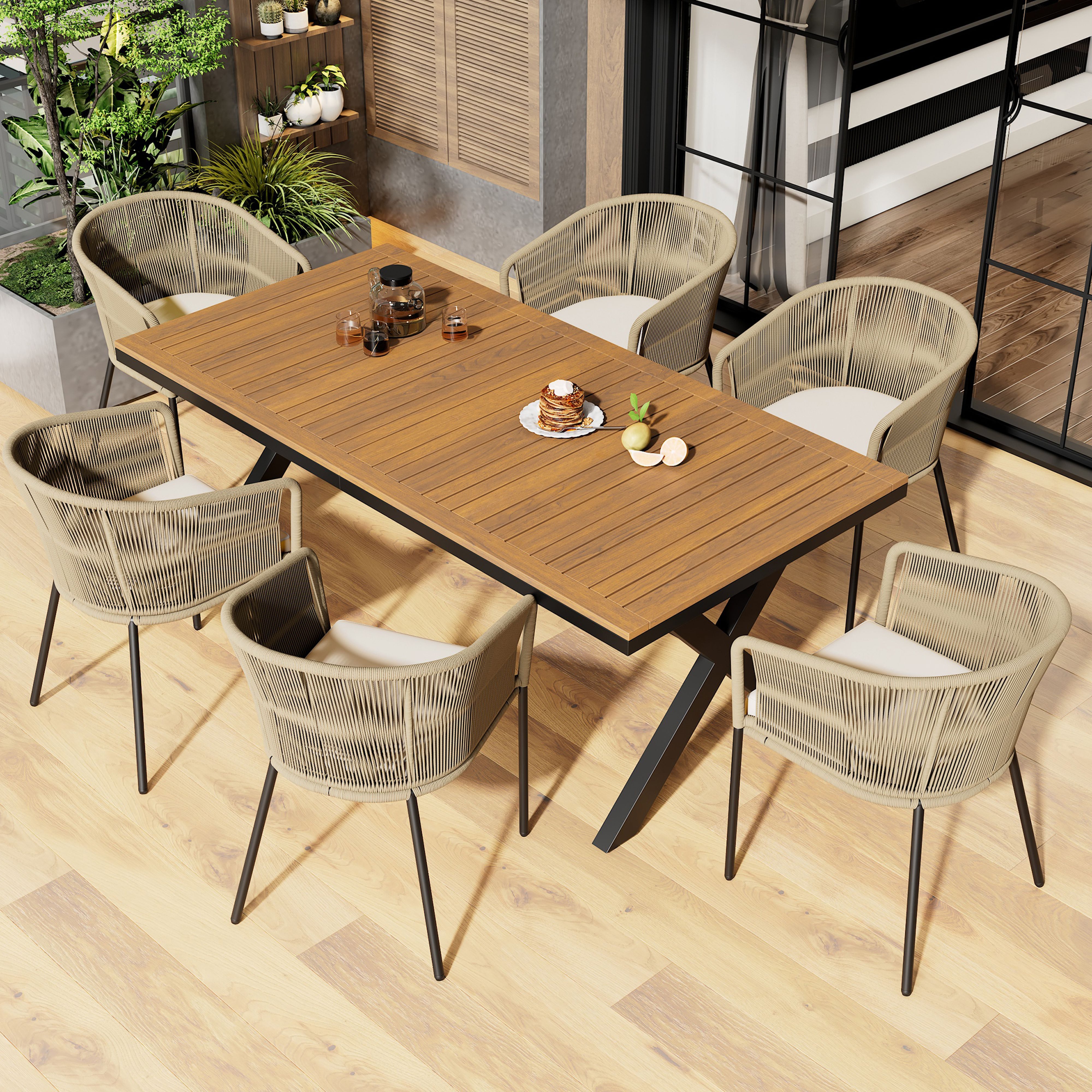 BlingBin Gartenlounge-Set Garten-Essgruppe, Garten-Lounge-Set aus Seil, für 6 Personen, (6 Sessel und 1 Tisch, Tisch aus Akazienholz, 7-tlg., Tragendes Gewicht: 160kg/Einzelplatz, 80kg/Tisch, Beige), Mit Fußpolstern und Sechs Sitzkissen, Abnehmbar und Waschbar, Beige