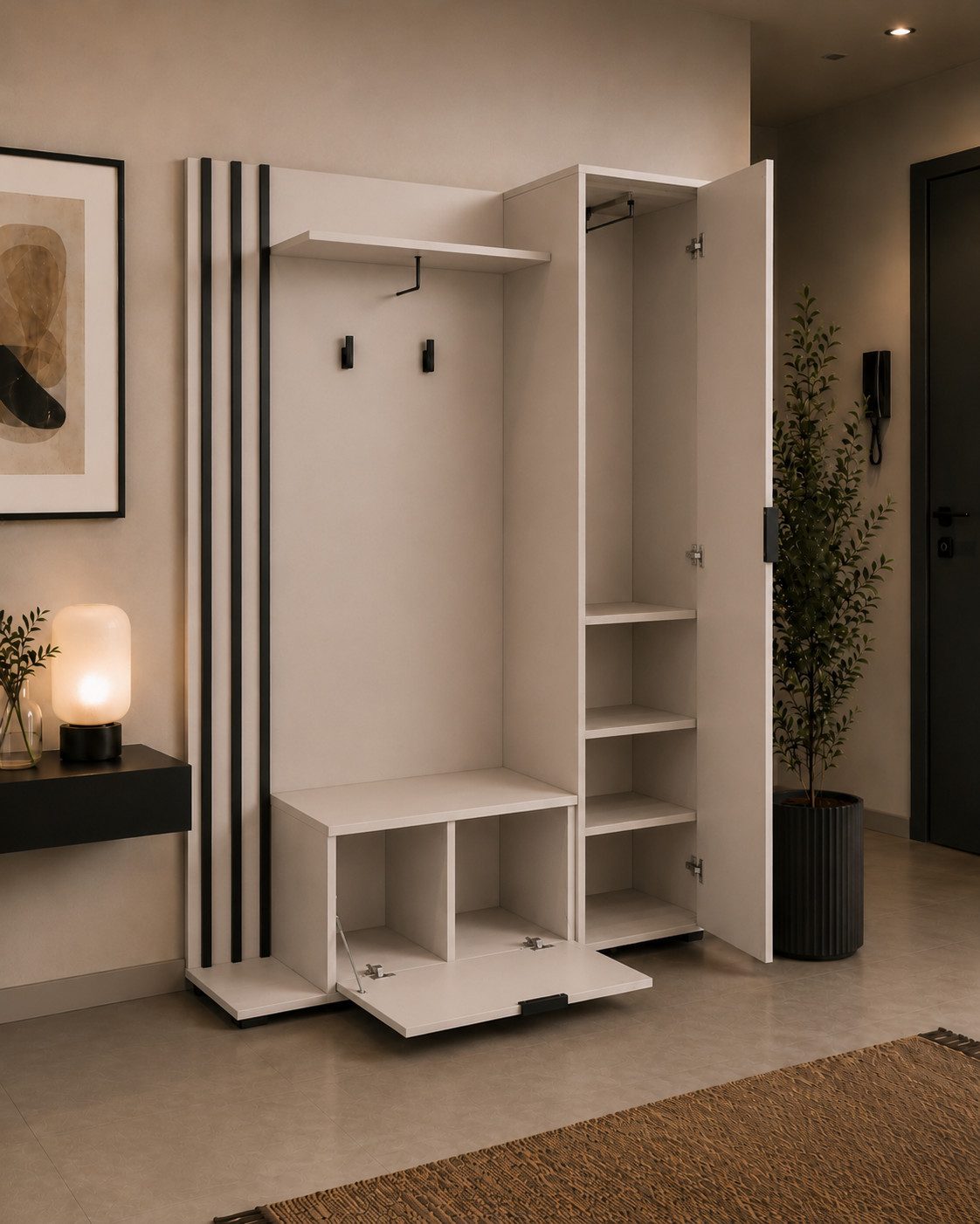 MOEBLO Kompaktgarderobe JOHN (Dielenschrank Wandschrank Regal Diele & Flur Kleiderschrank Schuhschrank, mit Spiegel Flurgarderobe Schrank Kompaktgarderobe), (BxHxT): 135x197x34cm