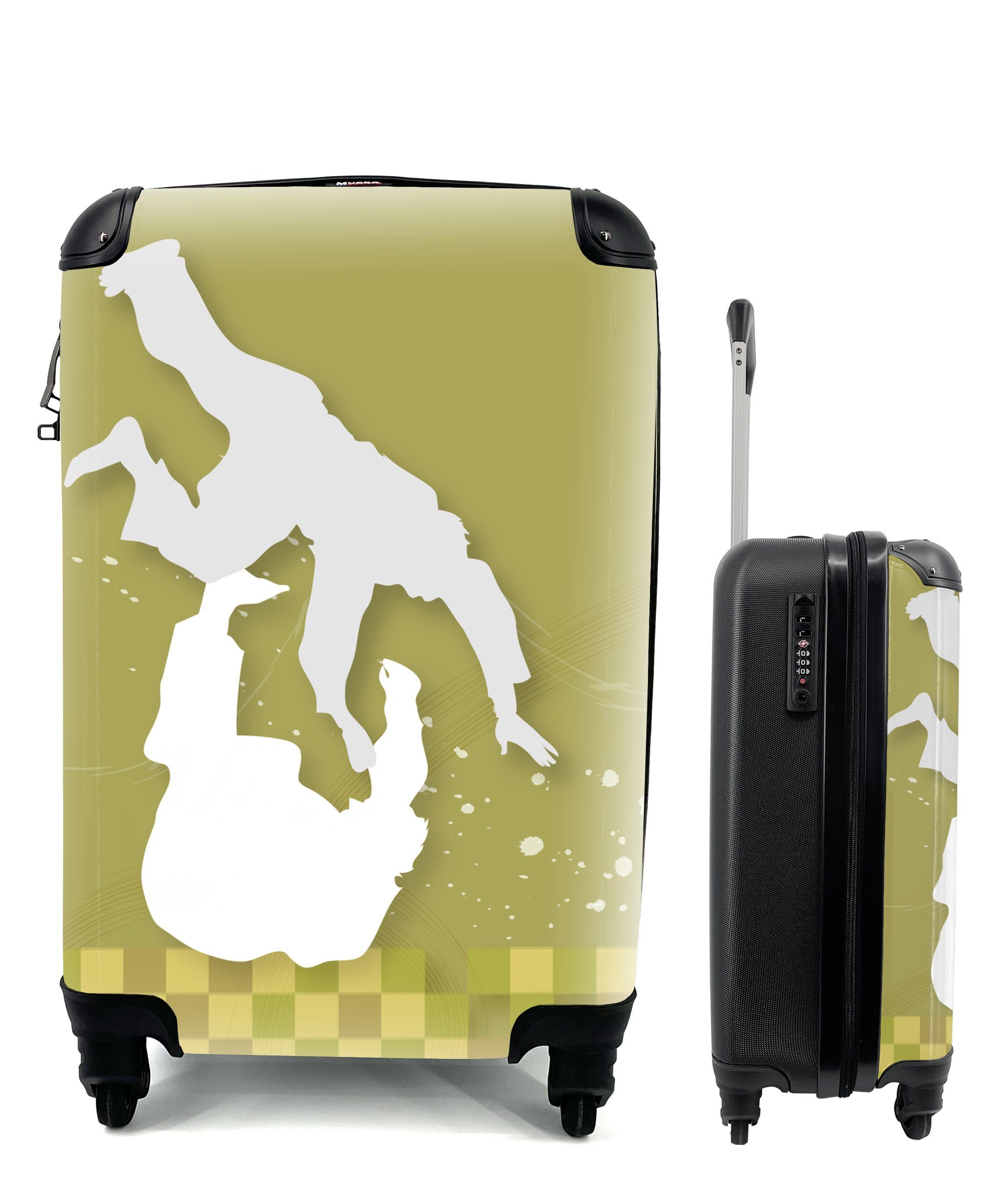 MuchoWow Handgepäckkoffer Eine Illustration von zwei Männern, die Judo üben, 4 Rollen, Reisetasche mit rollen, Handgepäck für Ferien, Trolley, Reisekoffer