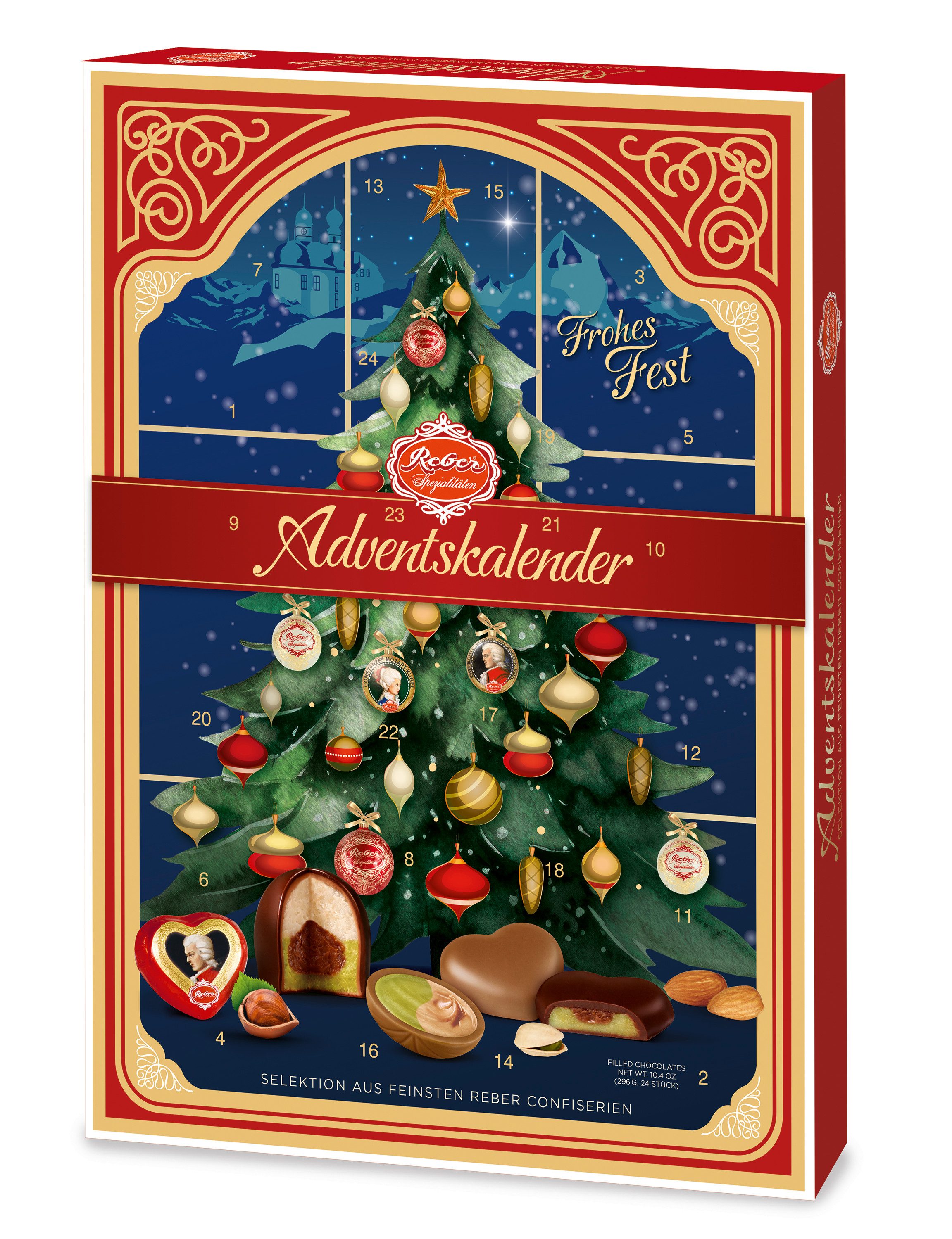 Reber Adventskalender Reber Spezialitäten-Adventskalender: Mozart-Kugeln & Constanze (1-tlg), Pralinen Marzipan Schokolade Premium Mozartkugeln Feinkost