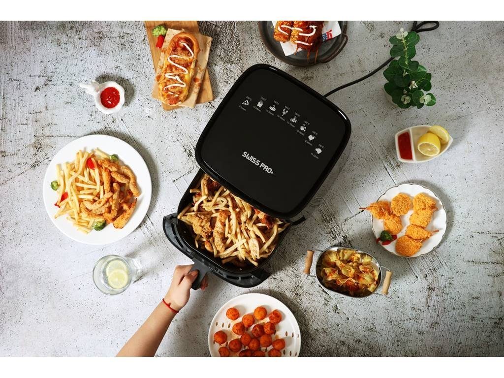 Öl, ohne SWISS 1450W PRO+ &10L W 5L Heißluftfritteuse Silber/Schwarz Airfryer 1450 1800W, Heissluftfriteuse