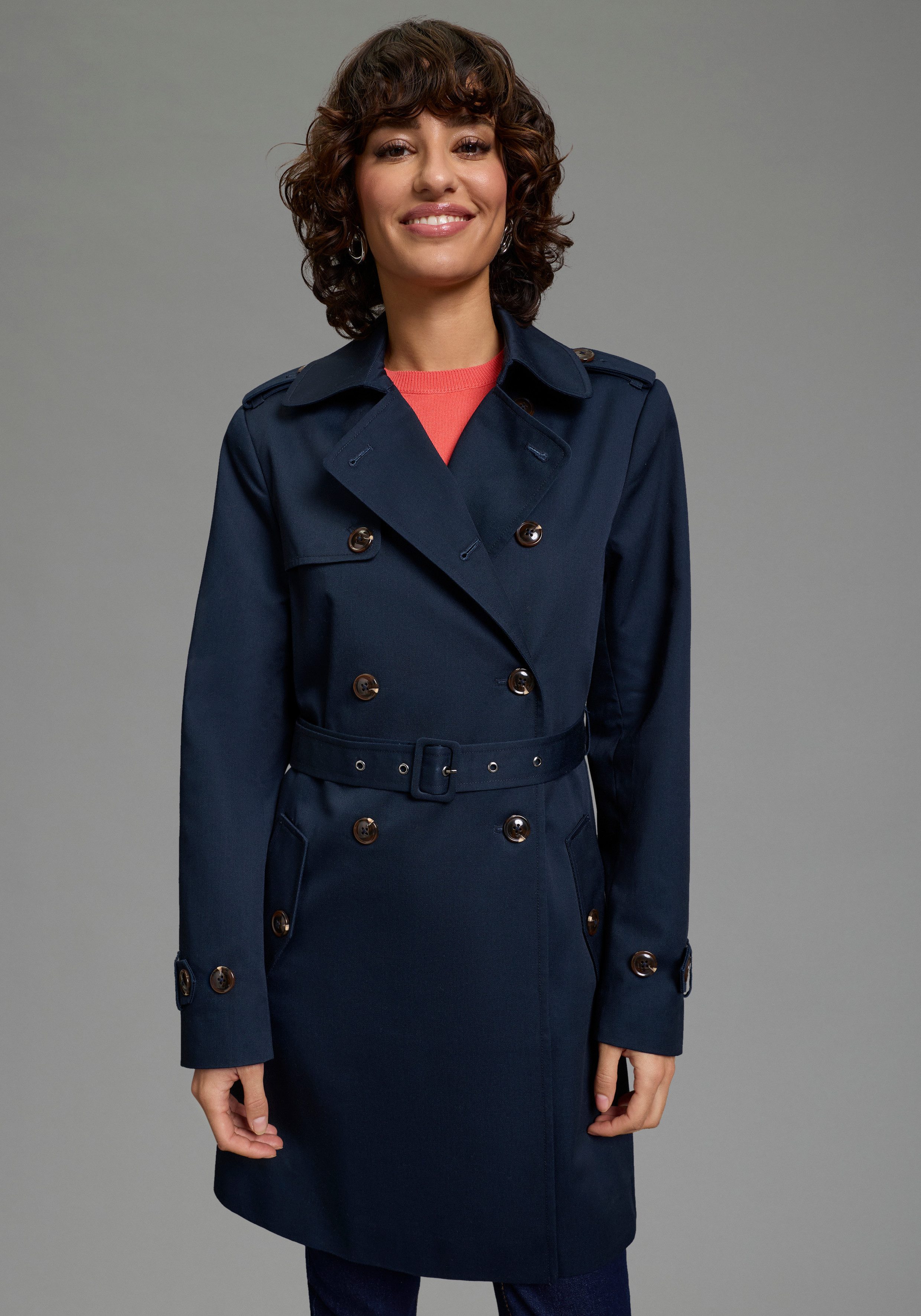 Laura Scott Trenchcoat aus Baumwolle und Polyester, unifarben mit Piping-Ap günstig online kaufen