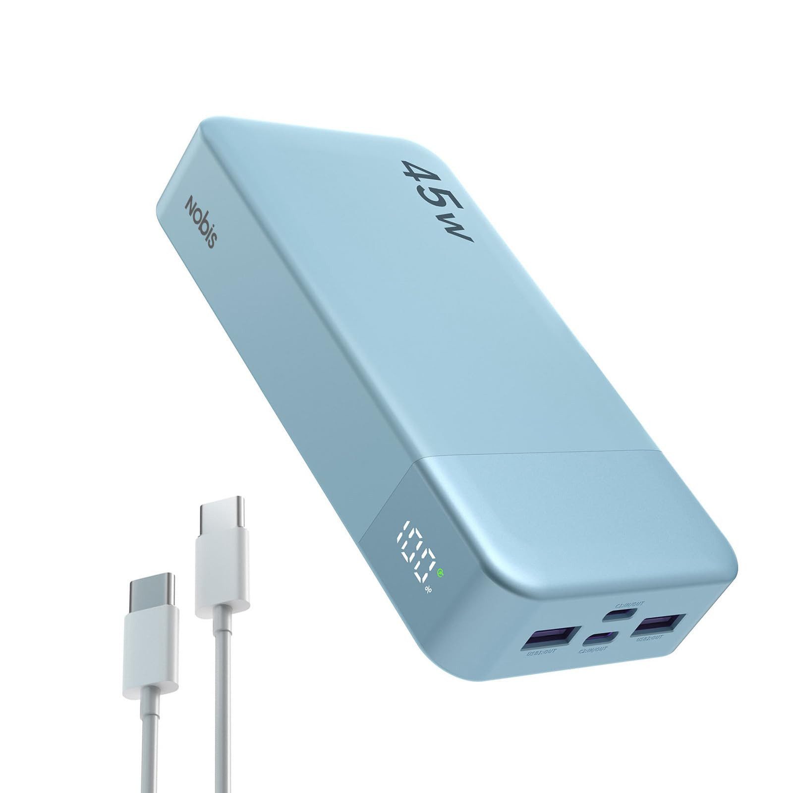 NOBIS 20000mAh 45W Externe Handyakkus Schnellladen iPhone Android Laptop Powerbank 20000 mAh, Externer Akku mit C zu C Kabel, Tragbares Ladegerät mit Digitalanzeige