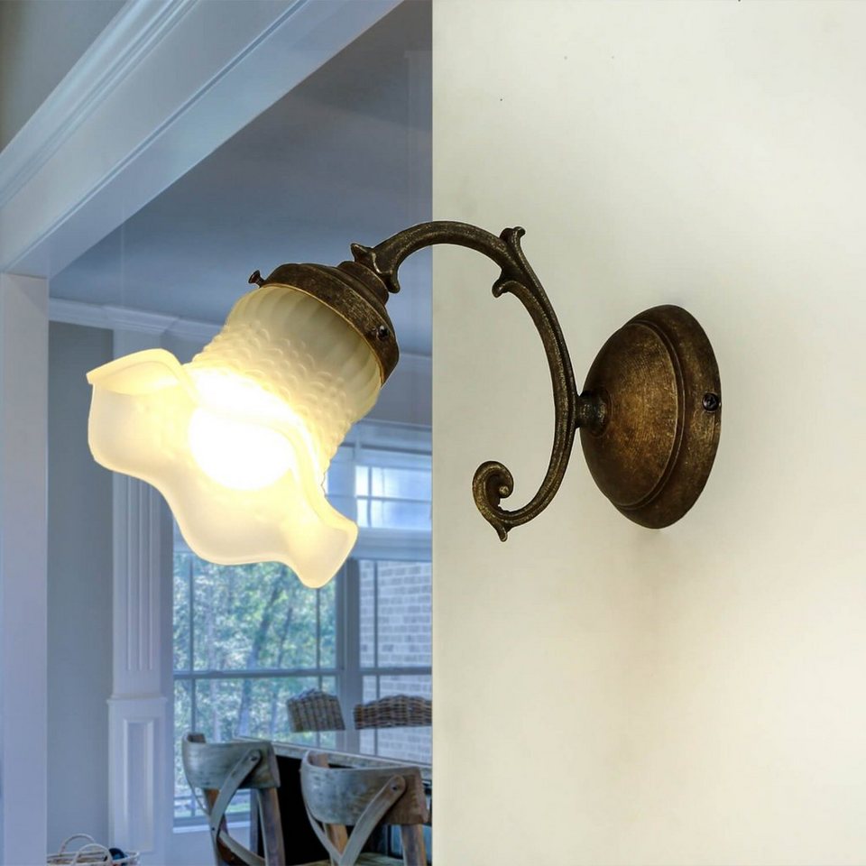 Bronze Glasschirm RICCIOLO, Messing Weiß Antik Lampe ohne Wandlampe Wandleuchte Leuchtmittel, Licht-Erlebnisse