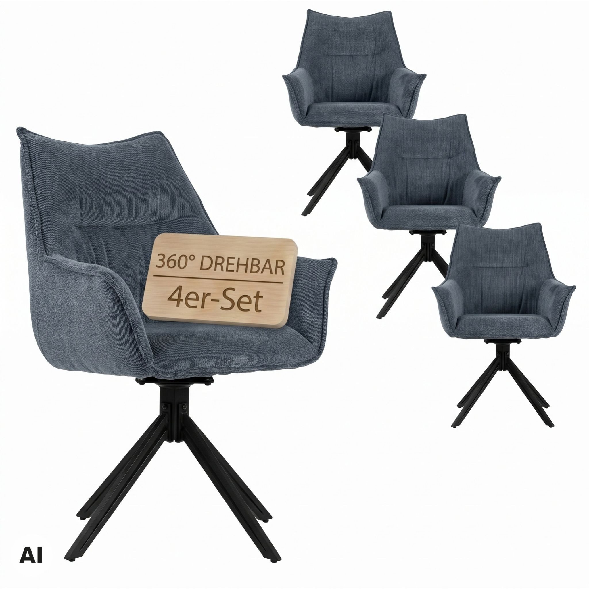 MR.DEKO Esszimmerstuhl Diningsessel 4er Set Ginosa – drehbar, blau, 60x90x64 cm, gepolstert (Einzelsessel mit Aufbauanleitung zur Selbstmontage, 4 St), Mit 360° Drehfunktion, Schaumstoffpolsterung & Metallgestell
