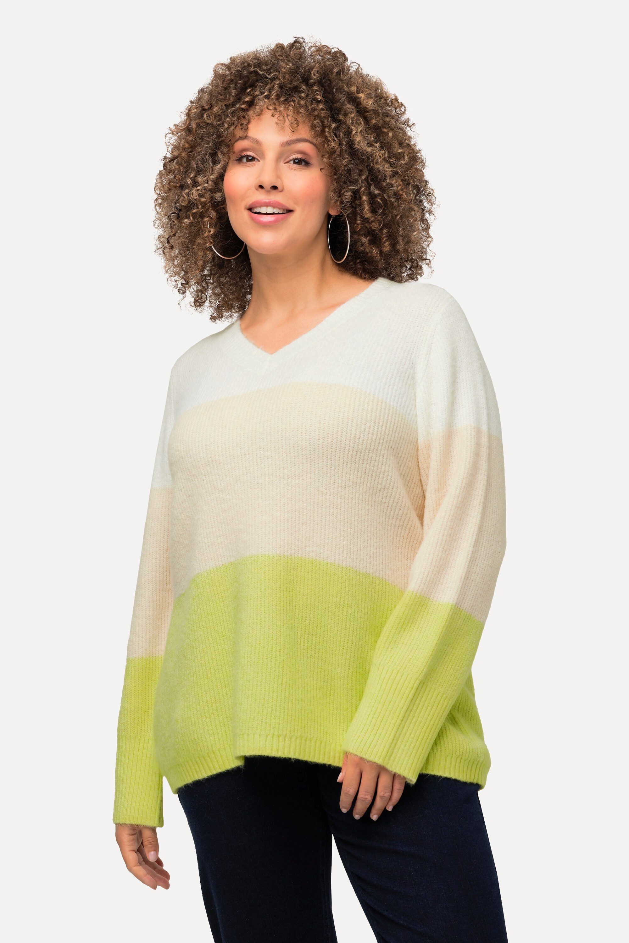 Ulla Popken Strickpullover Pullover Blockstreifen V-Ausschnitt Langarm