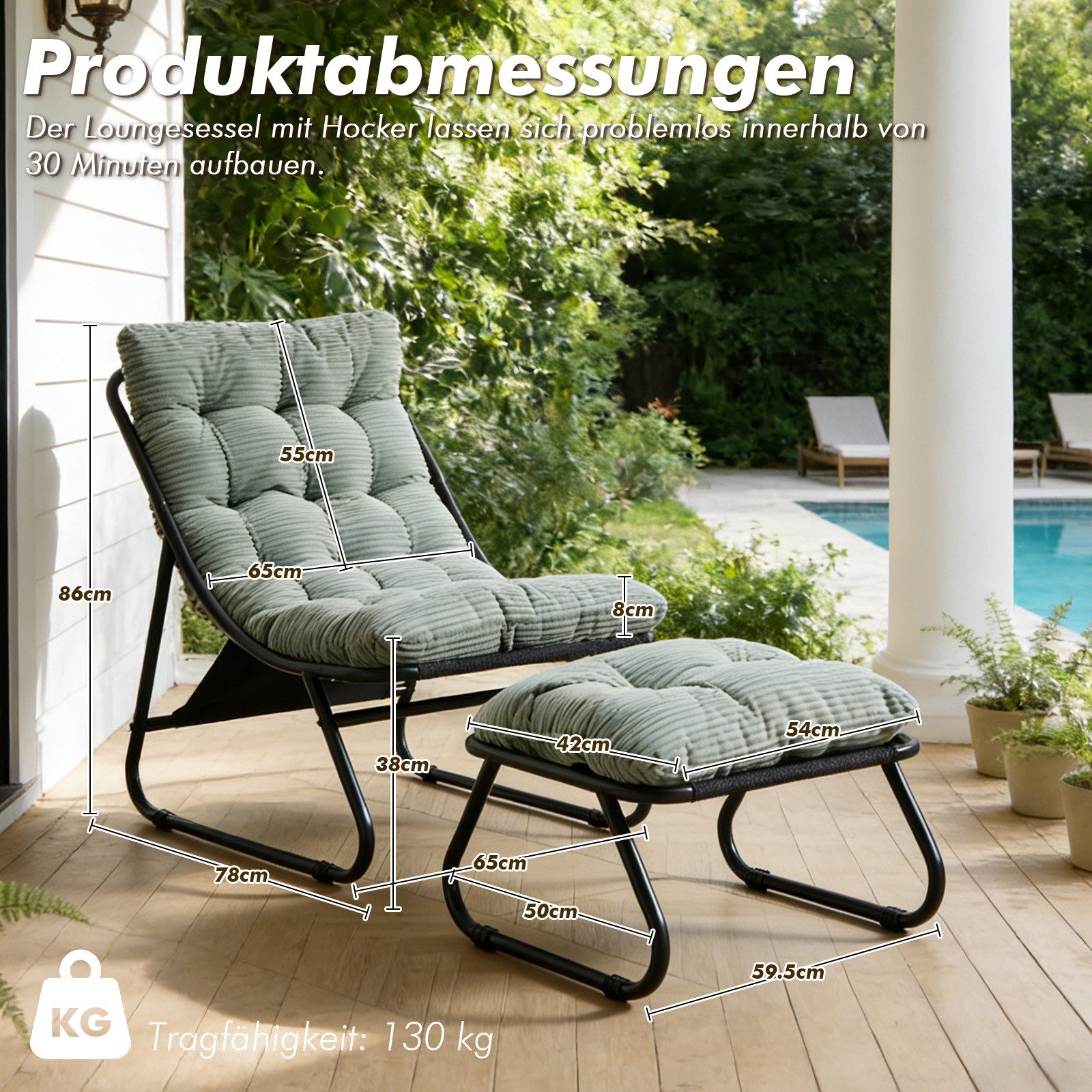 LVHOM Loungesessel mit Hocker, wasserdichtem Stahlrahmen, ergonomisch, für In-/Outdoor (Relaxsessel, bequeme Sitzfläche, Hocker als temporärer Sitz/Schuhwechselbank, rutschfestes Design, rostfreier Metallrahmen, Tragfähigkeit 130 kg), für Garten, Balkon, Wohnzimmer, Schlafzimmer, Arbeitszimmer, Innenhöfe