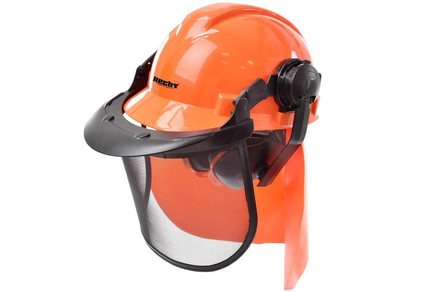 Hecht Forsthelm Forstschutzhelm mit Gesichts-, Nacken- &- Gehörschutz, 53 - 64 cm Kopfweite, Kunststoffgitter Regenrinne