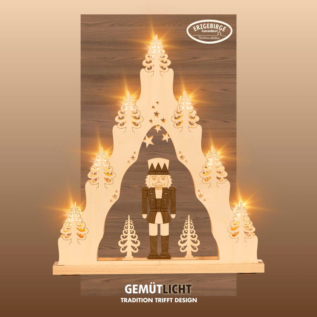 Weigla Schwibbogen Nussknacker, Lichterspitze aus Holz, NATUR-BRAUN, Made in Germany, Erzgebirge garantiert, Weihnachtsdeko Innen, Weihnachtsbeleuchtung
