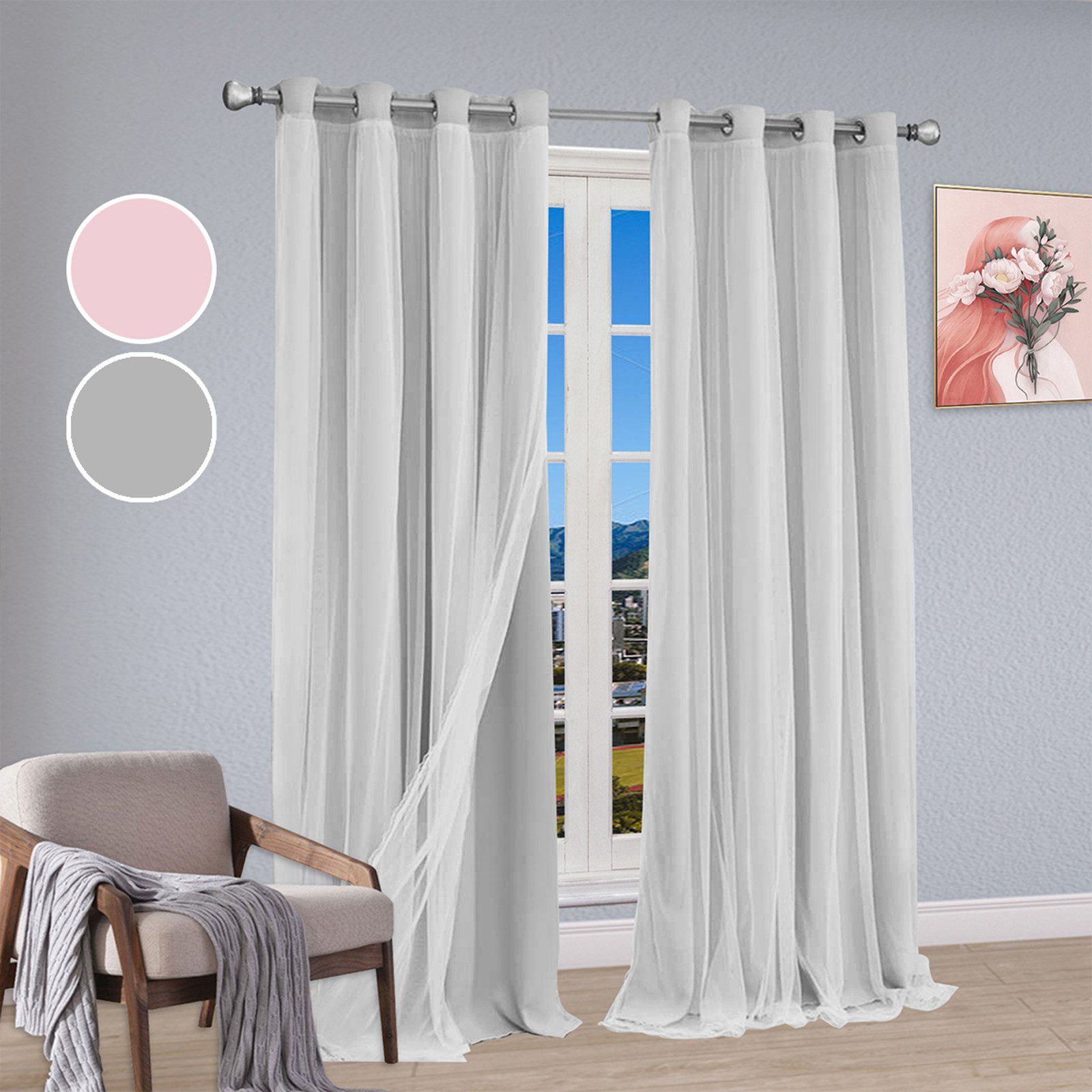 Rosnek Gardine Doppellagige Verdunklungsvorhänge mit Voile, für Kinderzimmer (1 St), abdunkelnd, Ösenvorhang, 2er Set, Prinzessinnen-Mädchen-Vorhänge