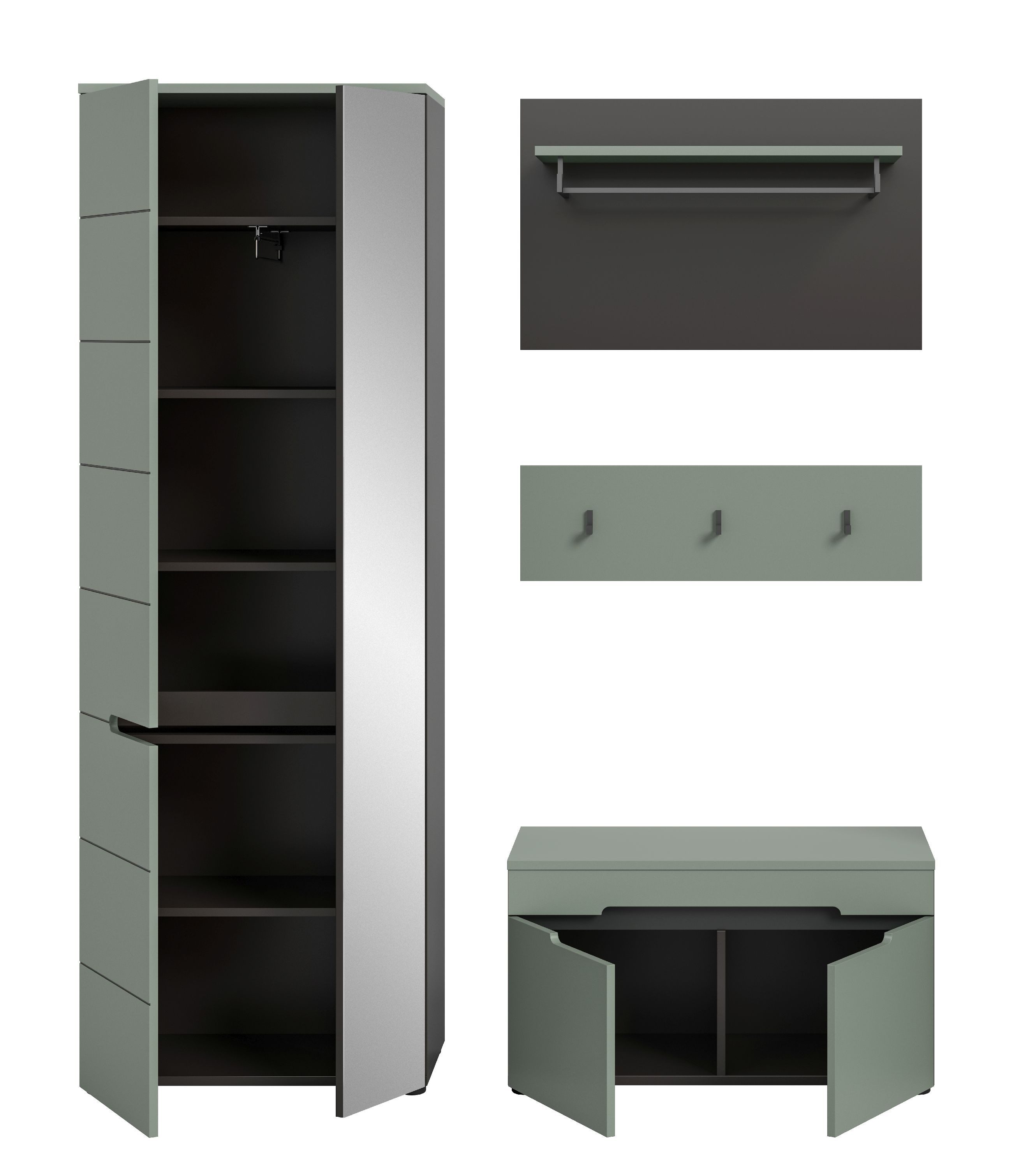 xonox.home Garderoben-Set, (3tlg. Set inkl. Garderobenschrank, Sitzbank, Paneel), Smoke Green Melamin beschichtet modern 160x190x37 cm