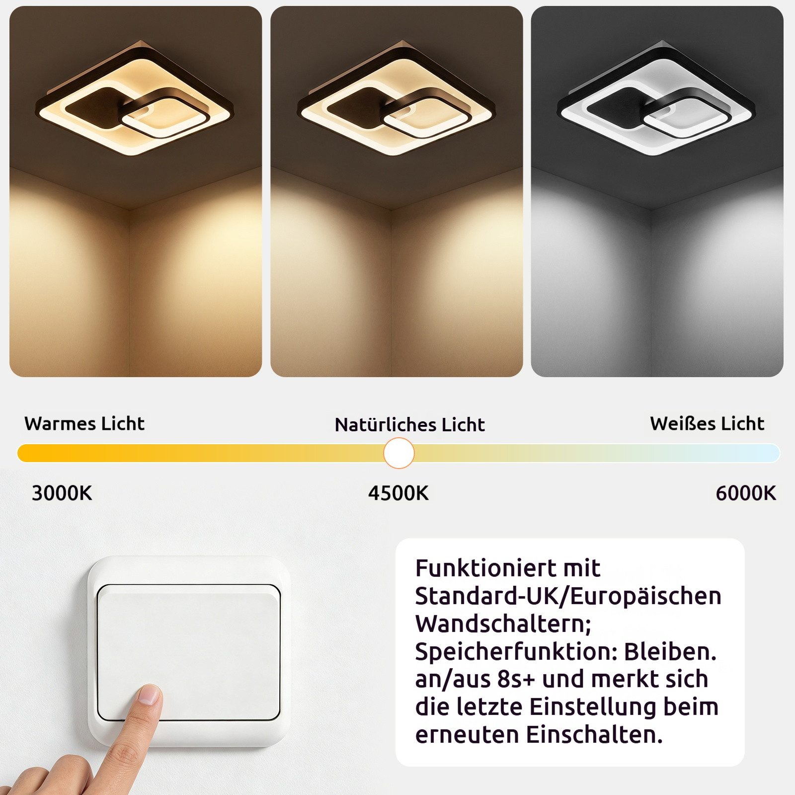 BlingBin Deckenleuchte LED Moderne 30W, 3000K/4500K/6500K 3000LM LED Deckenlampe, mit Memory Funktion, LED fest integriert, Neutralweiß, Warmweiß, Tageslichtweiß, für Wohnzimmer, Schlafzimmer, Büro, Küche und Flur mit Memory Funktion