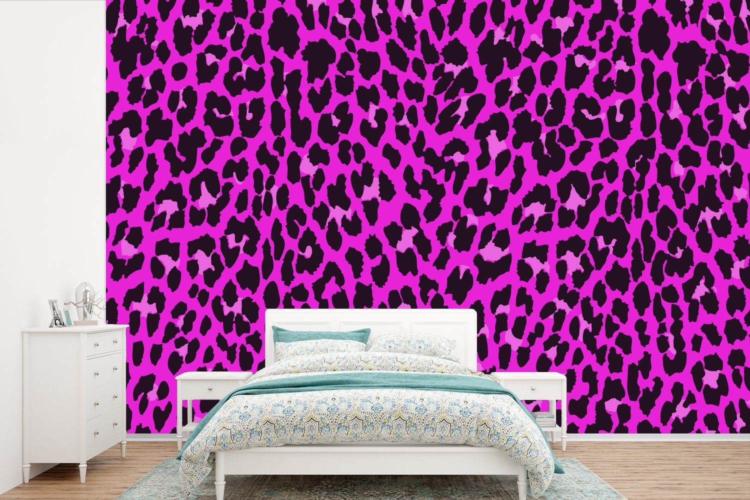 MuchoWow Fototapete Leopard - Rosa - Tiere, Matt, bedruckt, (6 St), Wallpaper für Wohnzimmer, Schlafzimmer, Kinderzimmer, Vinyl Tapete