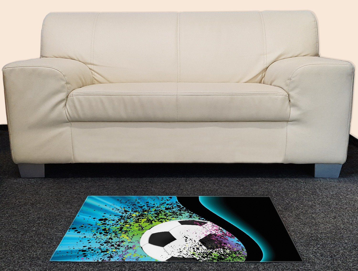 Wallario Teppich Fußball - Design Wellen und Regenbogen in blau, rechteckig günstig online kaufen