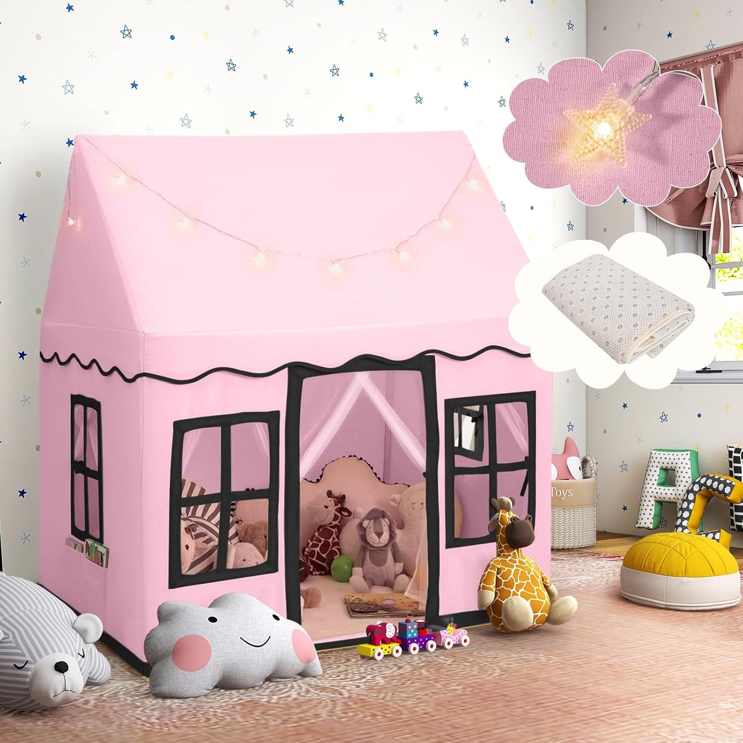 KOMFOTTEU Spielzelt Kinderspielhaus Kinderzelt mit Sternenlichtern & Matte, günstig online kaufen