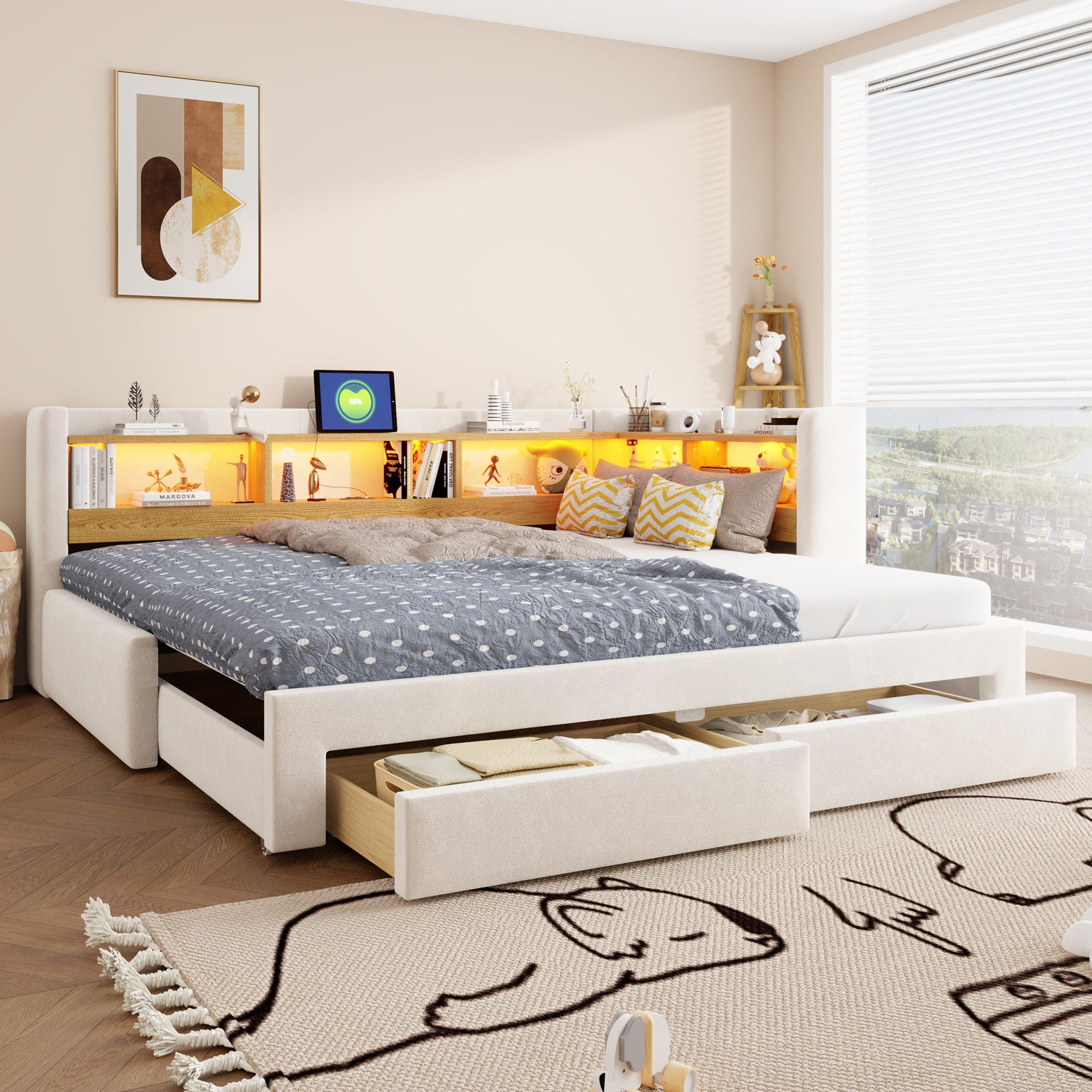i@home Daybett 90x200 cm Tagesbett, Ausziehbett zum 180x200 cm Doppelbett, Beige, mit ausziehbarem Bett, 3-in-1 Tagesbett mit Schubladen,LED, Steckdose