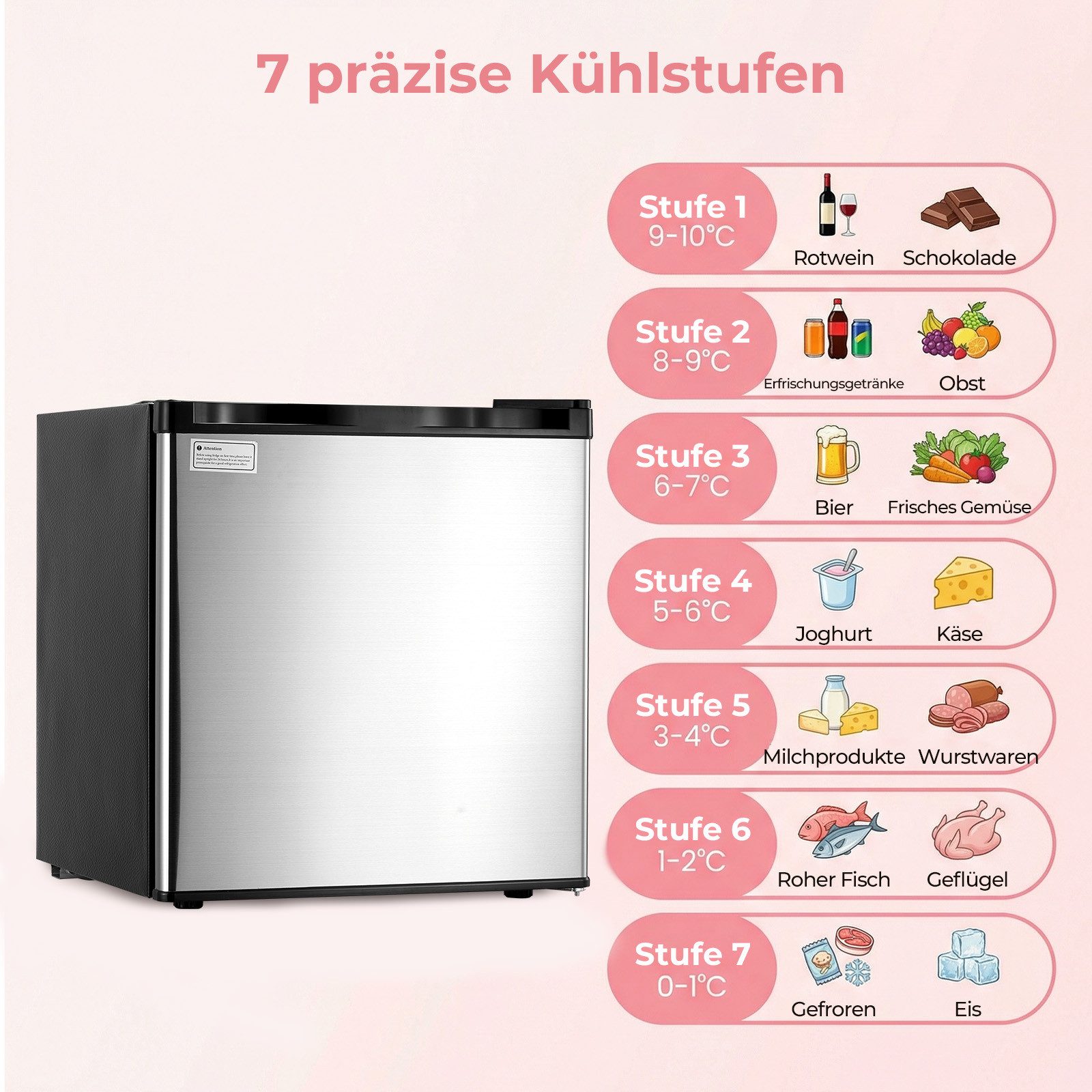 FOHERE Table Top Kühlschrank 46L Mini-Kühlschrank, Bier Hausbar Getränkekühlschrank Hotel, Silber BC-46, 50 cm hoch, 49.53 cm breit
