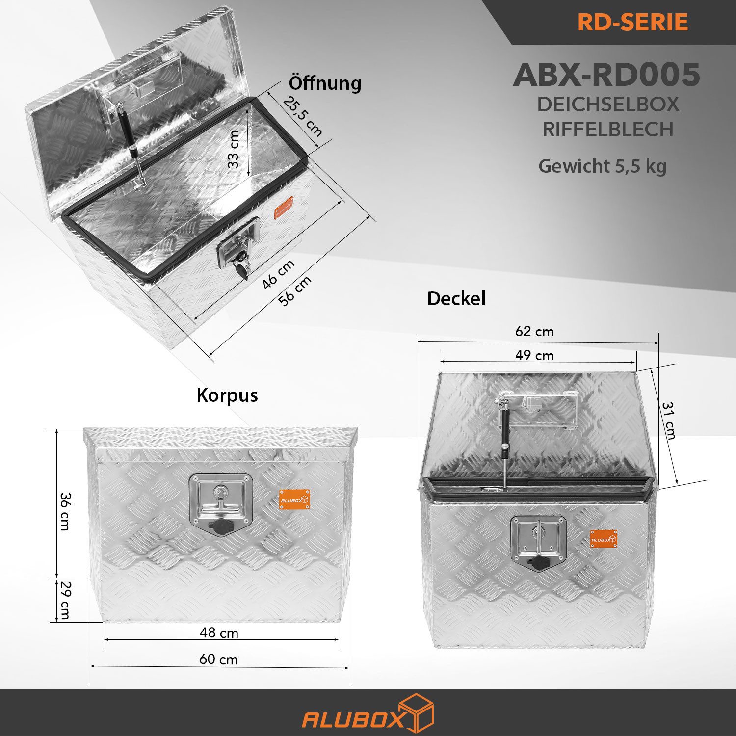 ALUBOX Anhänger-Deichselbox Aluminium Riffelblech abschließbar, Gasdruckdämpfer im Deckel - Zylinderschloss mit Schutzkappe