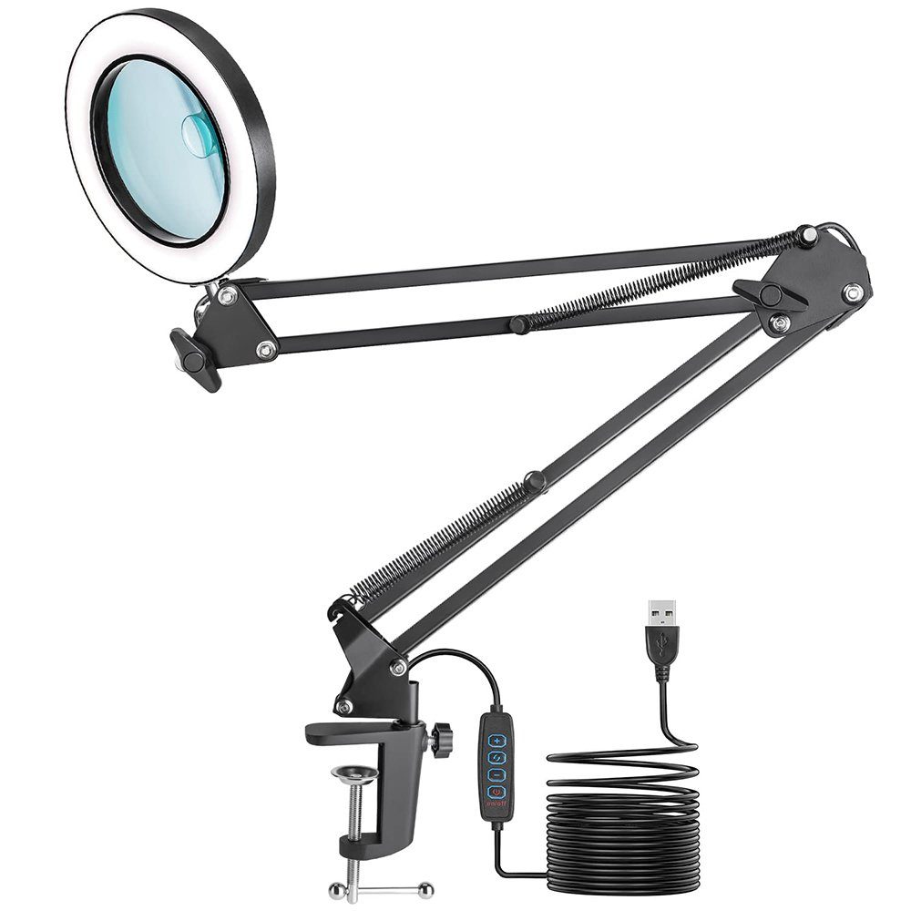 GelldG LED Schreibtischlampe 2-in-1 Lupe mit Licht und Ständer, Lupenleuchte, Schreibtischlampe Schwarz