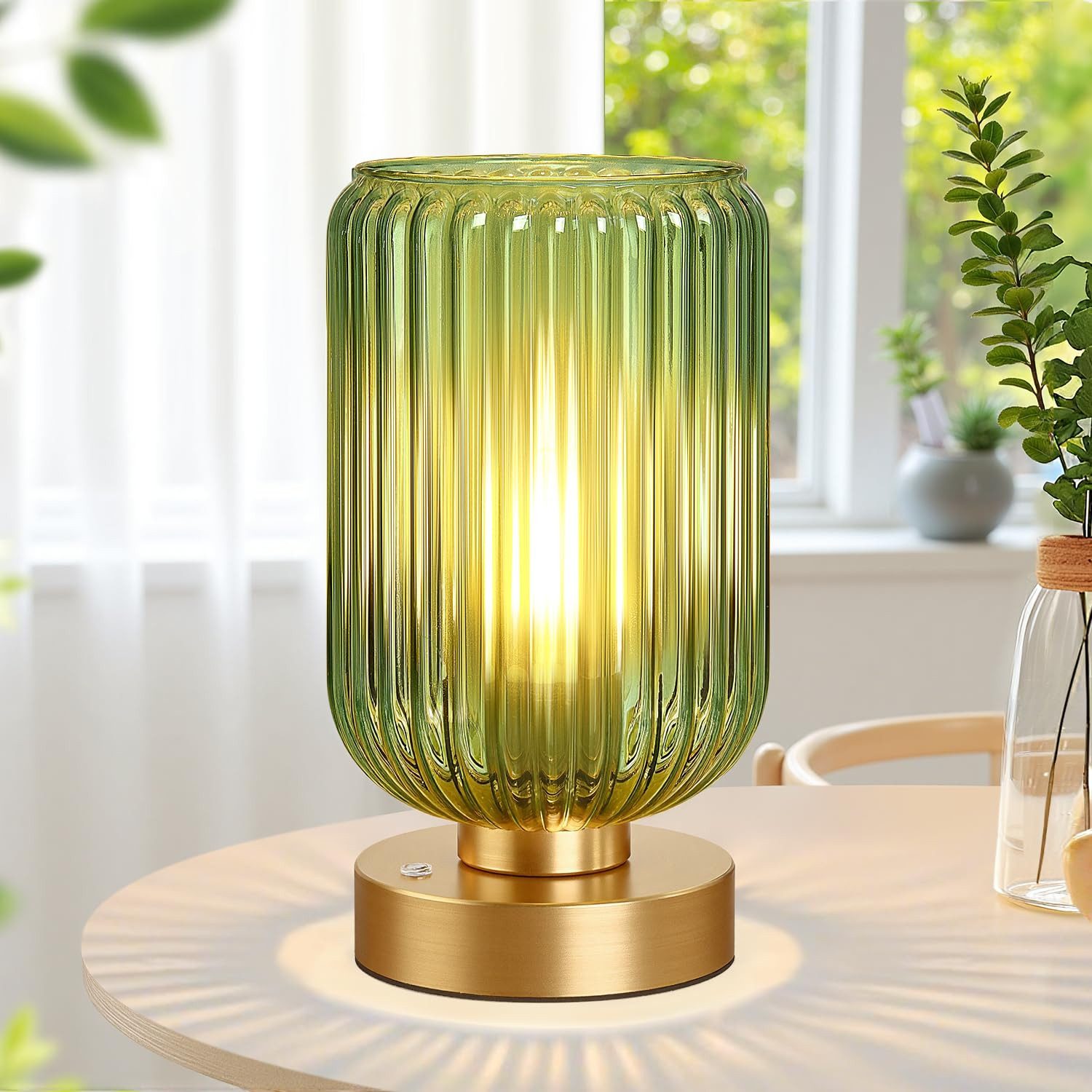 MUPOO LED Schreibtischlampe Grüne Glas Tischlampe,LED Modern Touch Tischleuchte für Schlafzimmer, LED wechselbar, Kabellos,Goldfarbene Basis Grüner Glasschirm,LED-Glühbirne inklusive