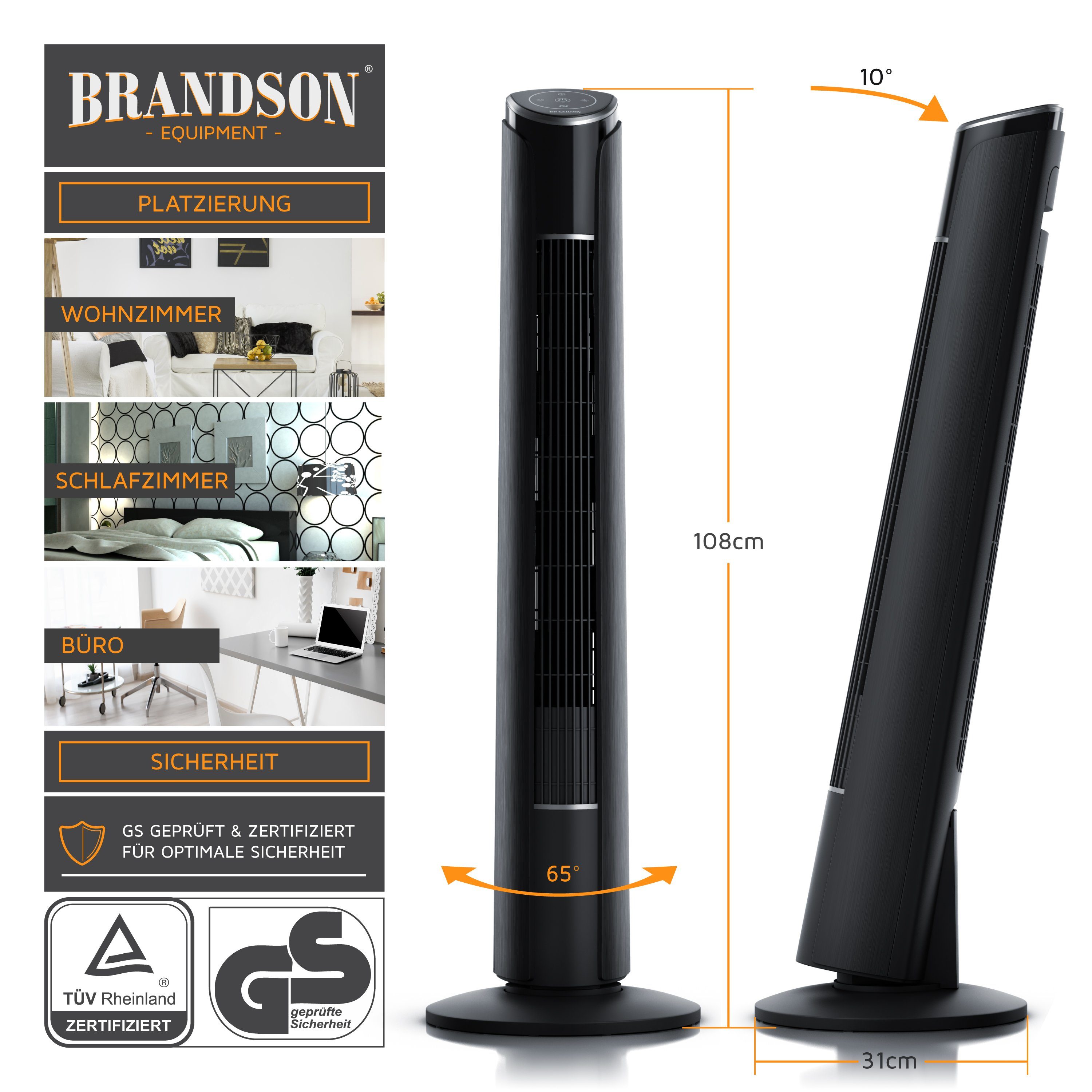 Brandson Turmventilator, Standventilator 108cm, neigbar, 4 Oszillation, Modi Fernbedienung, 10°