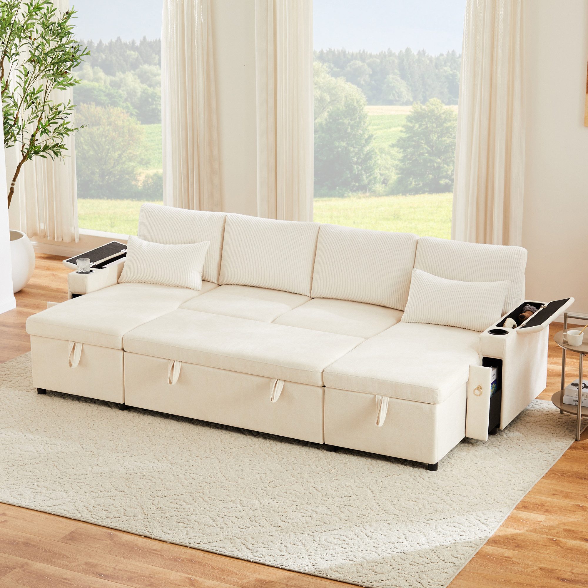 STILVORA Schlafsofa mit schlaffunktion Wohnlandschaft U-Form Schlafsofa mit Kissen Beige, Set 1 Teile, Viersitzer-Schlafsofa in U-Form mit Getränkehalter