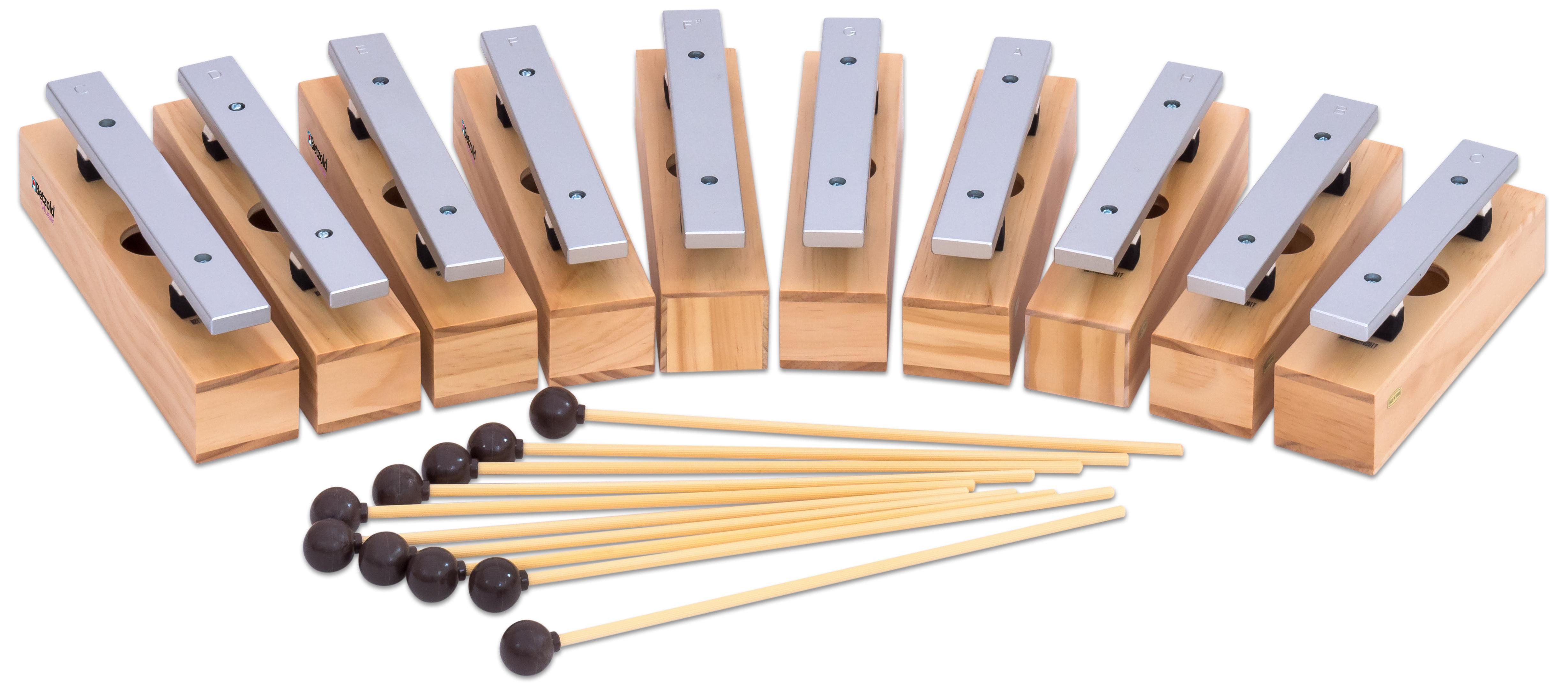Betzold Klangröhren 10 Sopran-Klangbausteine und 10 Schlägel, Leichtmetall