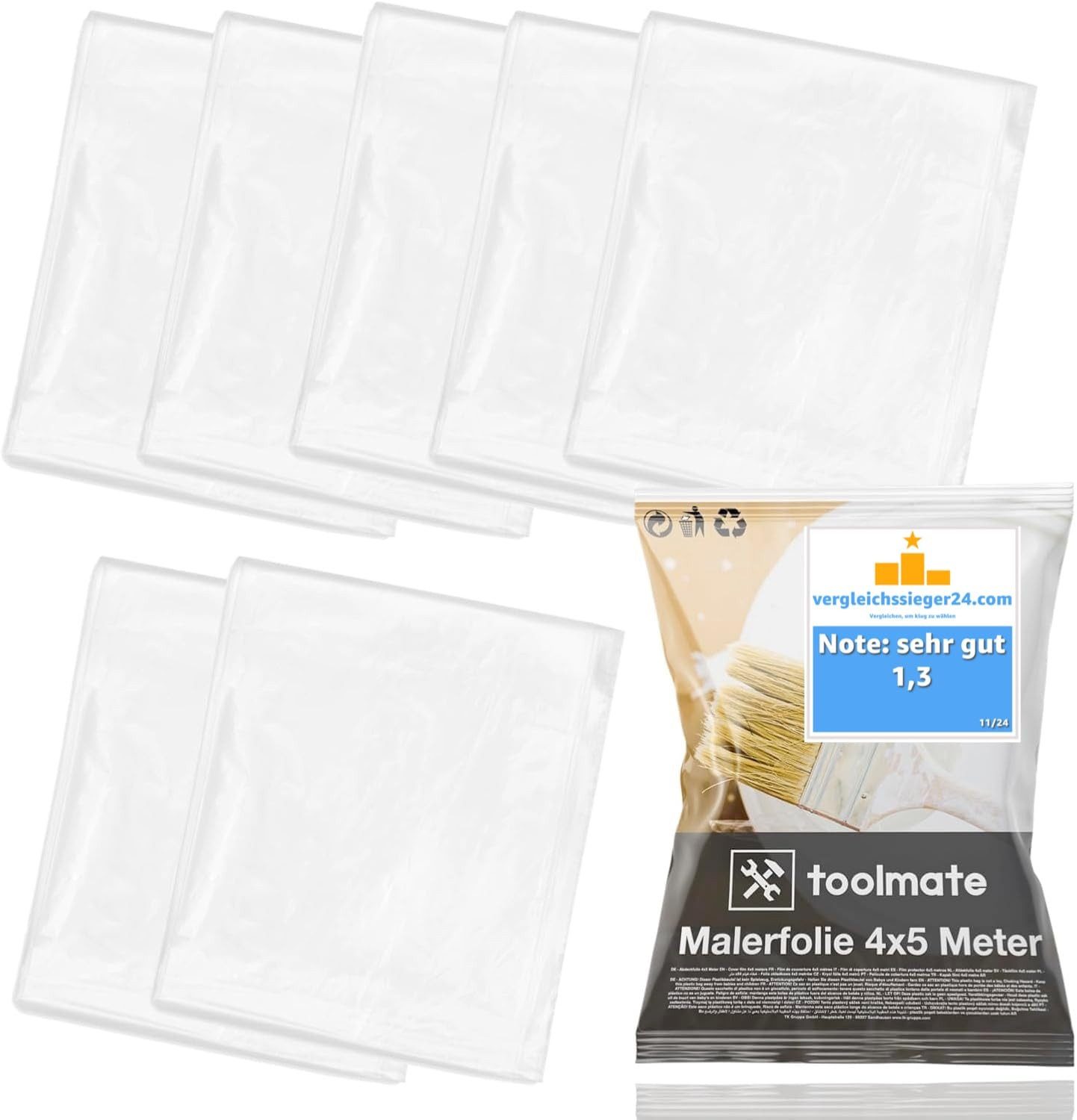 toolmate® Abdeckfolie 6x Malerfolie - 4x5 Meter & Abdeckfolie - 160 qm - Extra stark, (6er Set, 6-St., 6 Stück)