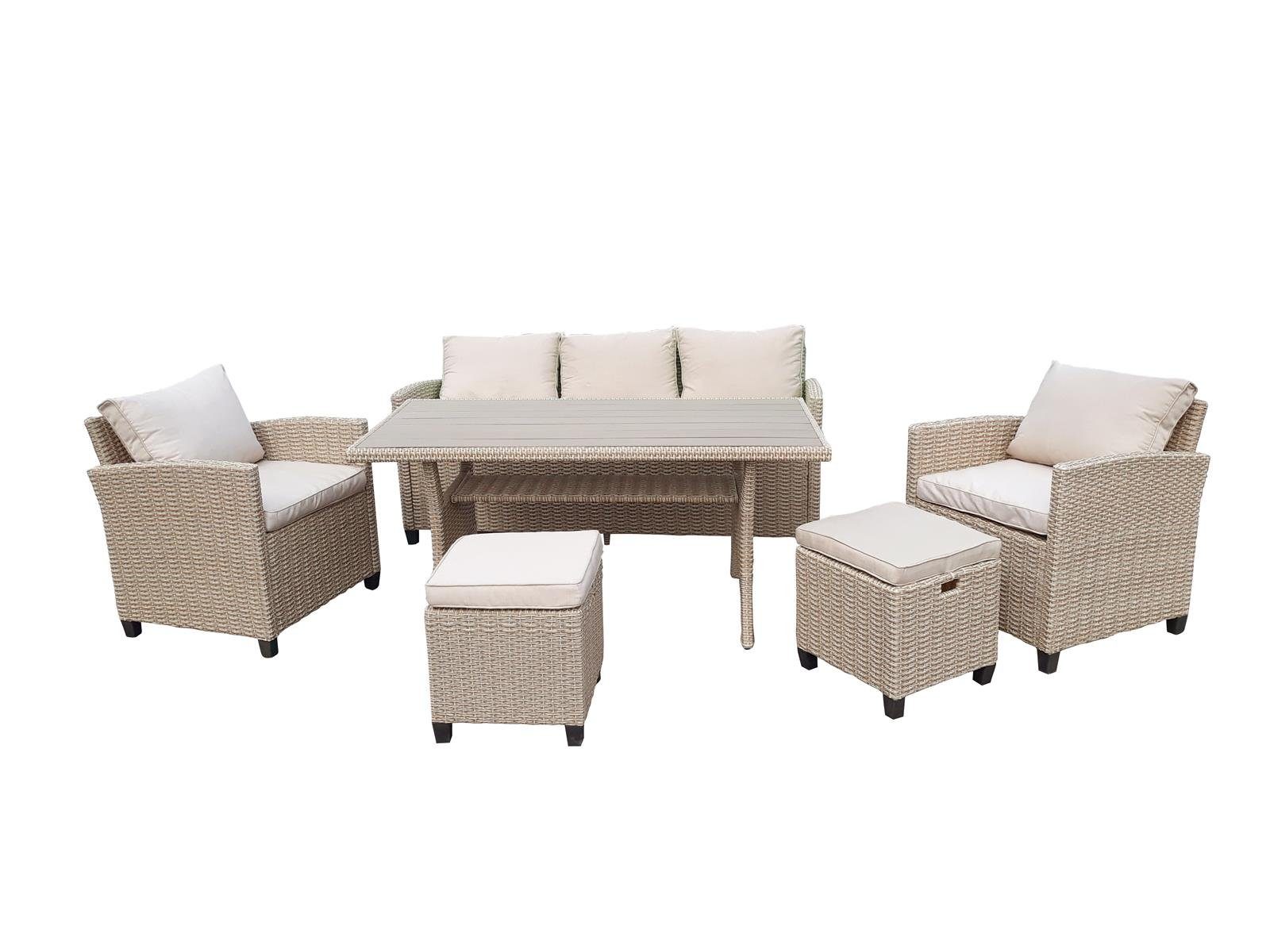 bellavista - Home&Garden® Gartenlounge-Set »Madeira II« Dininglounge Set Rattan Sitzgruppe Loungemöbel Lounge, (Set, 6-tlg., 1 Sofa), braun, Polyrattan, für 7 Personen, wetterfest - Garten, Terrasse
