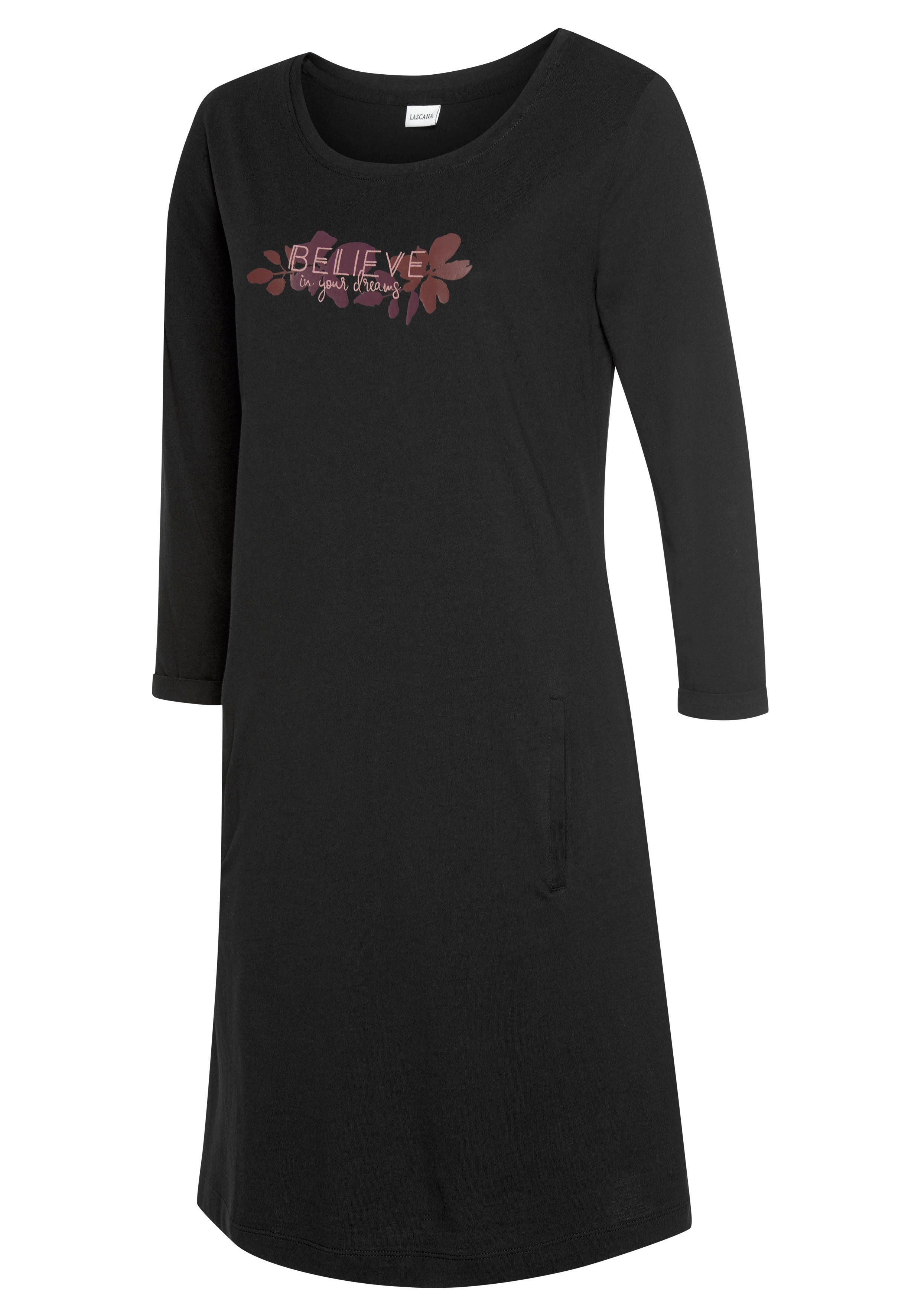 LASCANA Frontprint Sleepshirt 3/4-Ärmeln kleinem schwarz-violett mit und