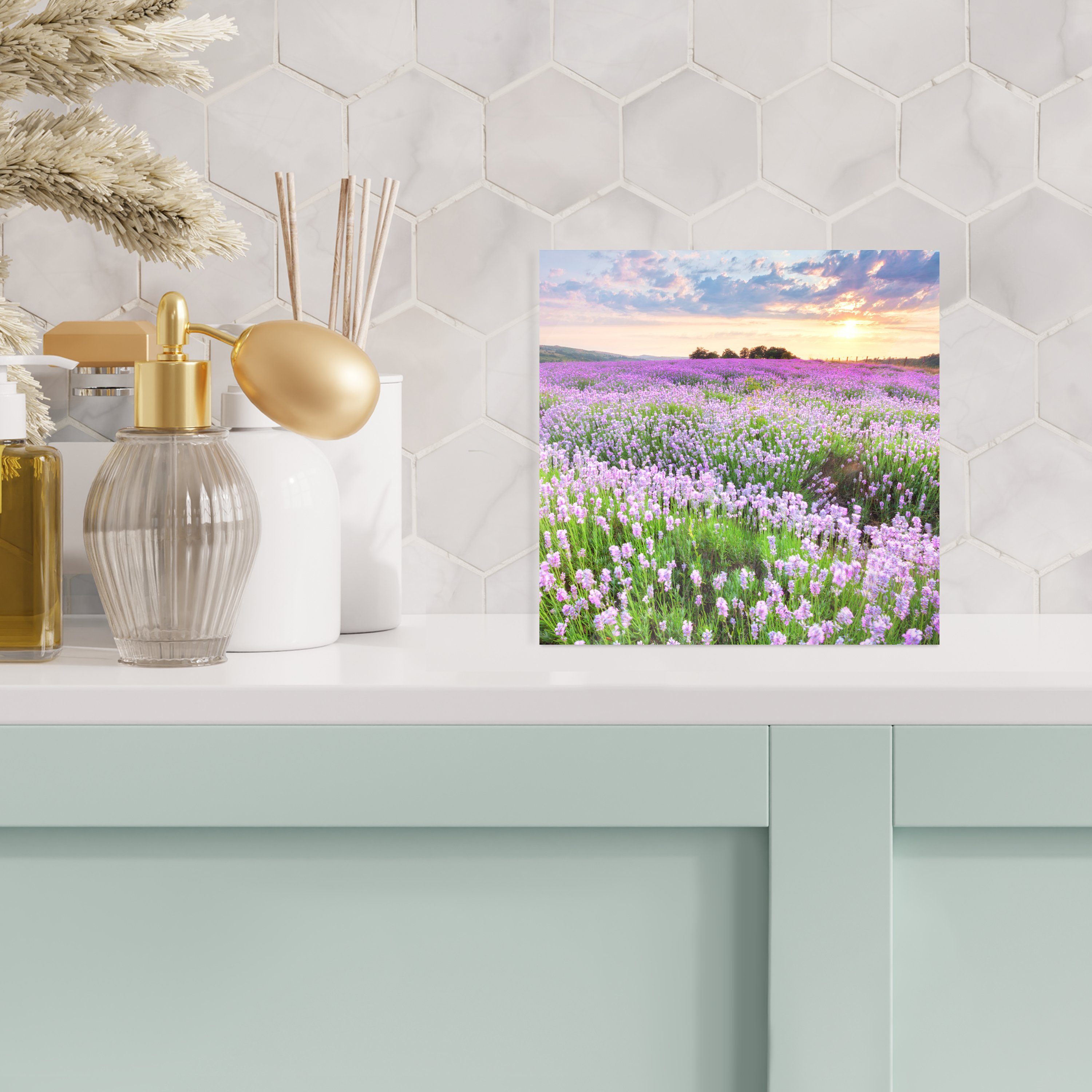 MuchoWow Acrylglasbild St), Himmel - Sonnenuntergang auf Glas (1 - - Bilder Glas bunt - Lavendel - Glasbilder - auf Wiese Lila Blumen Wandbild Wanddekoration Natur, - - - Foto