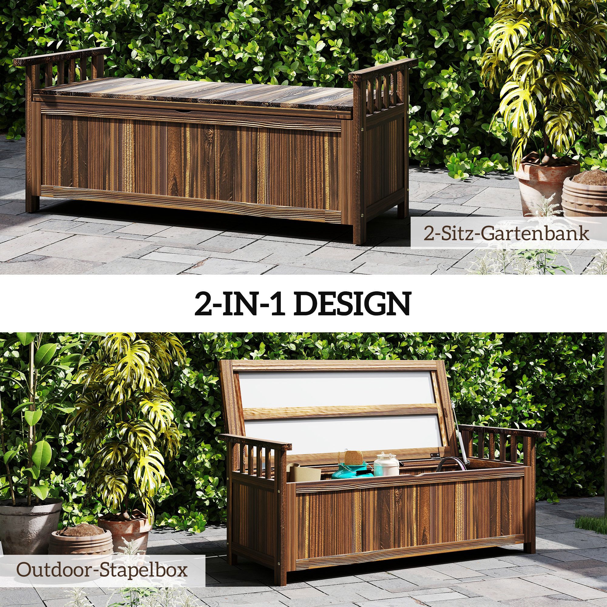 Outsunny Bank Truhenbank mit Armlehne, Parkbank, 240kg belastbar (Gartenbank aus Holz, 1-St., 2-Sitzer Holzbank), für Balkon Terrasse, Garten, 128,5 x 52 x 53,5 – Bild 4 von 5