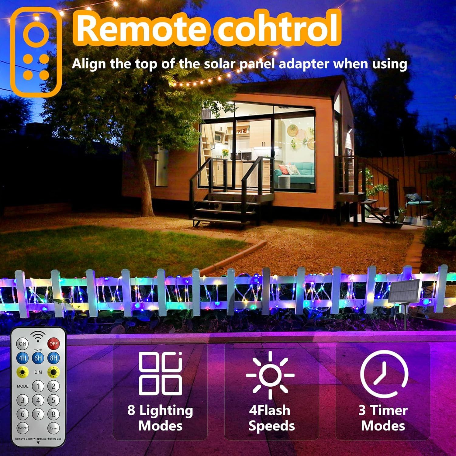 GLPE LED Solarleuchte Solar Lichterkette 20 m 200 LED RGB Garten Außen IP65, LED fest integriert, Mehrfarbig (RGB), RGB 8 Modi Fernbedienung IP65 Solar 200 LED 20 m Außen