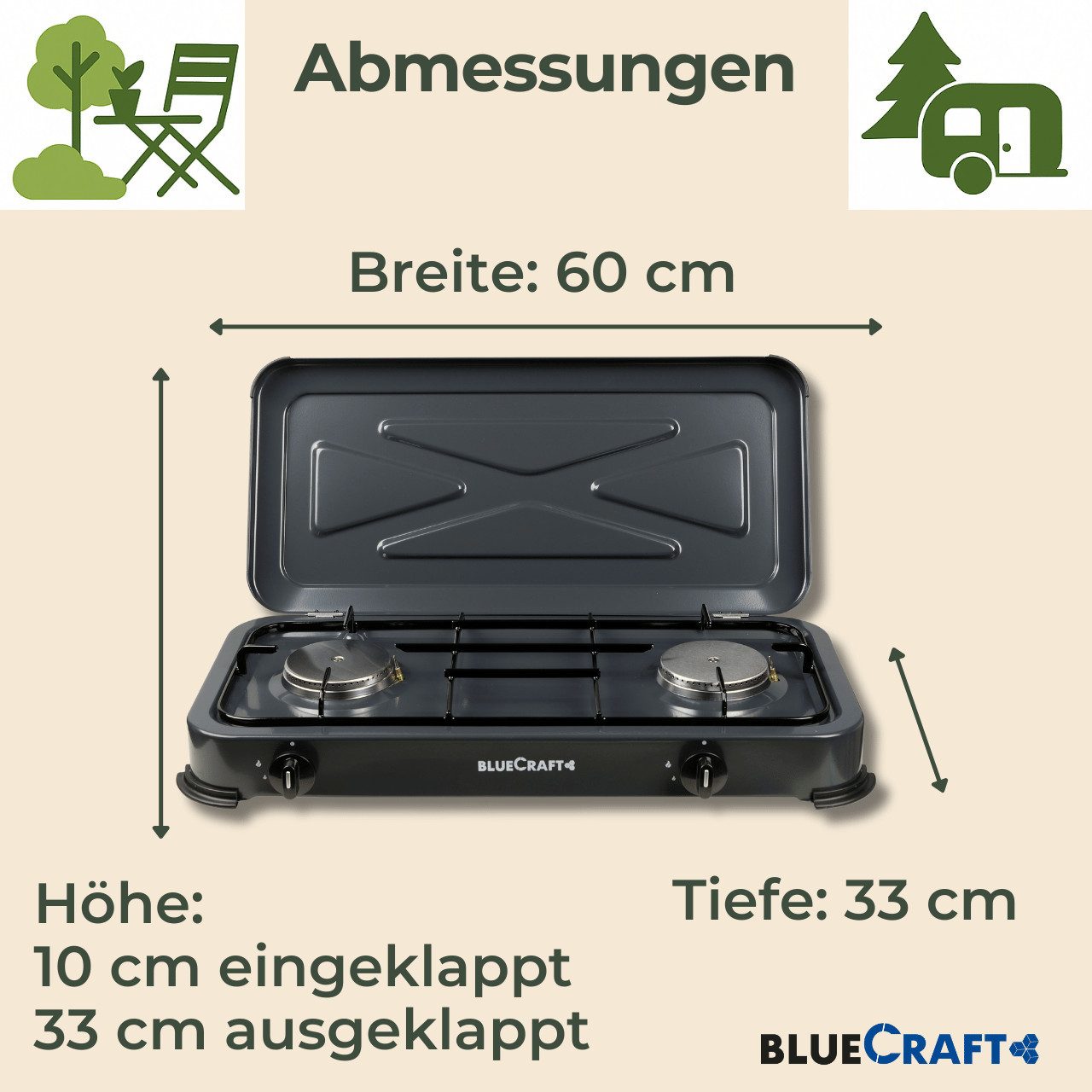 BlueCraft Gaskocher 2 flammig mit Zündsicherung 50mbar Propan Gas Campingkocher 4,4 kW, (mit Schlauch 100 cm und Gas Regler Druckminderer), Camping Gas Kocher 2 flammen für Gasflasche Gasherd Gas-Kochfeld