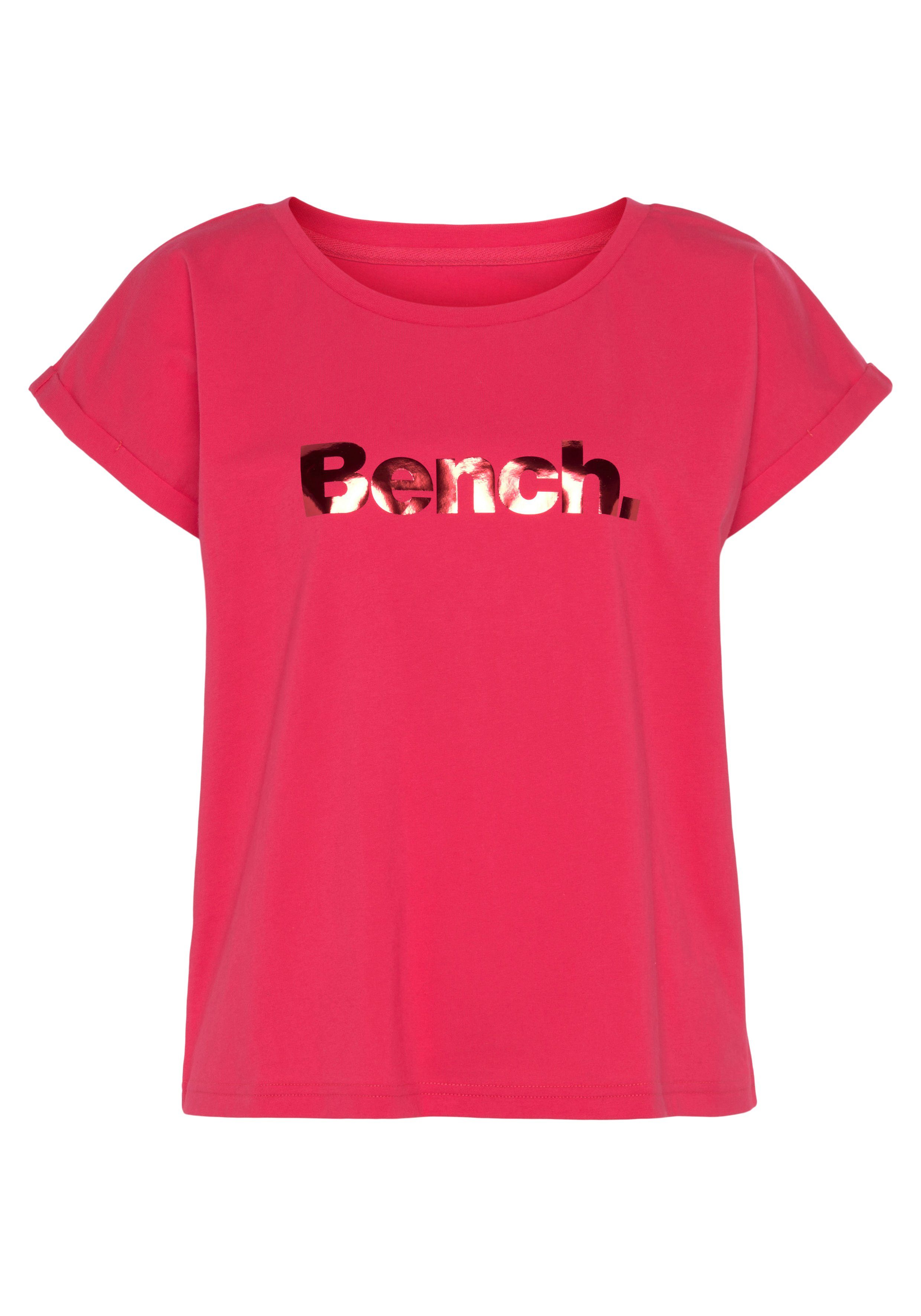 Loungeshirt pink glänzendem -Kurzarmshirt, T-Shirt Loungewear mit Logodruck, Loungewear Bench.