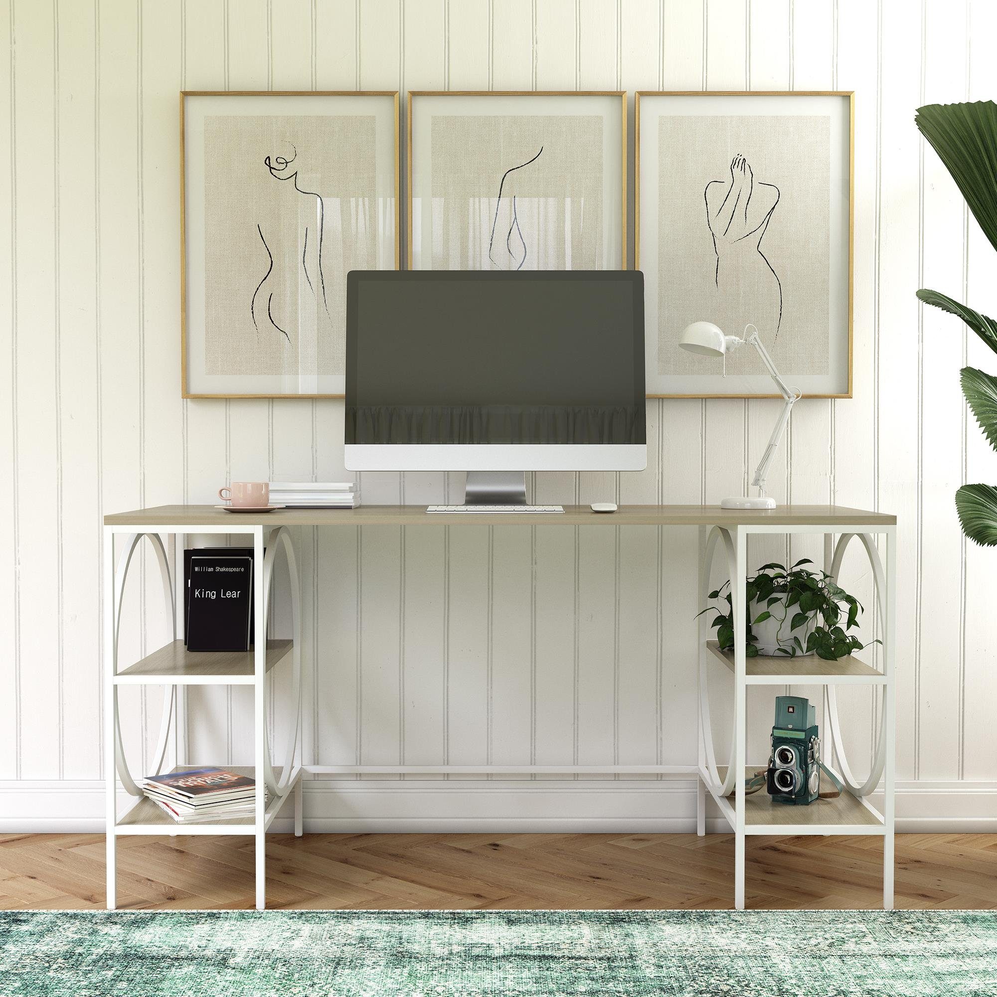 loft24 Schreibtisch Cambridge, 4 offene Fächer, Holzoptik, Metallgestell, Breite 152 cm