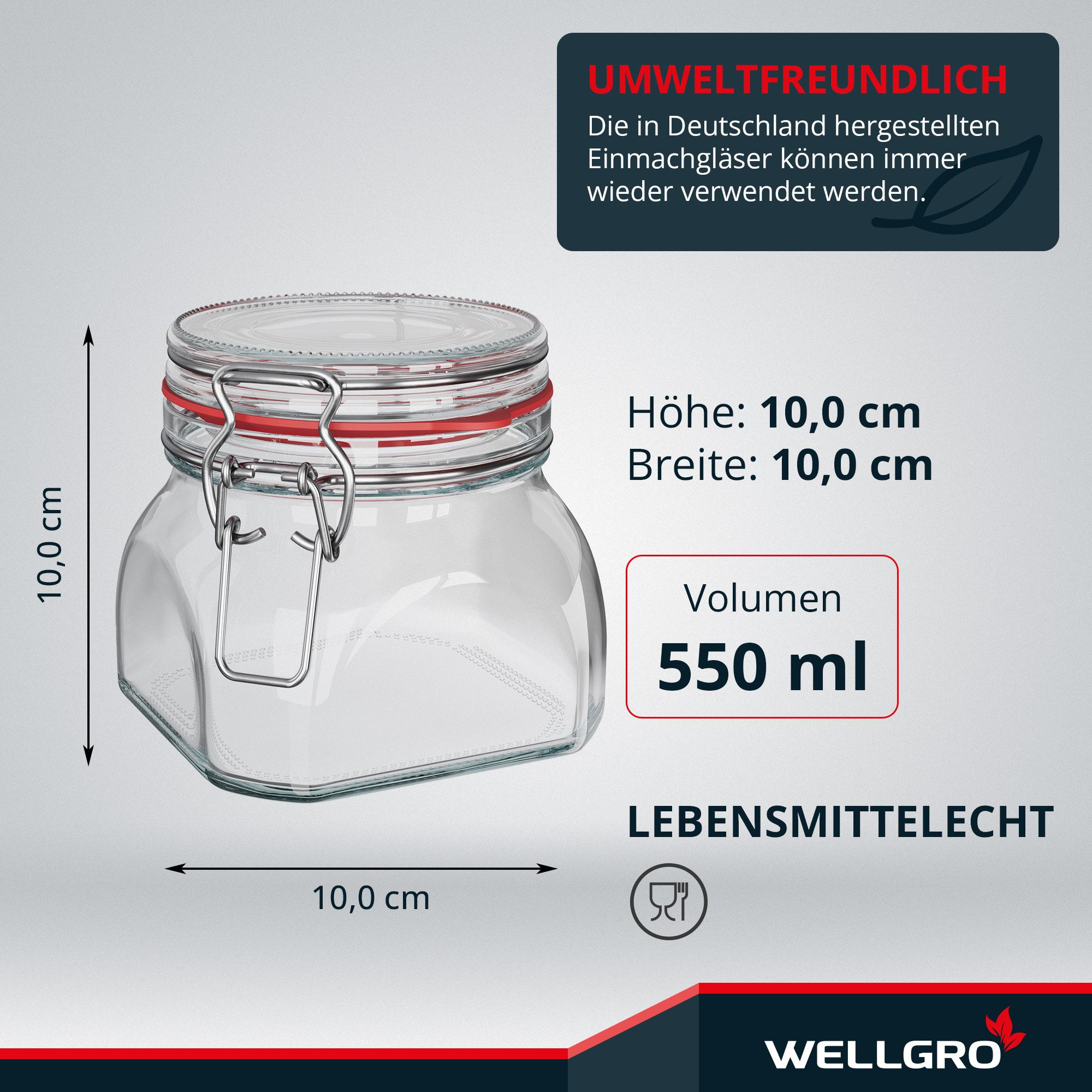 Wellgro Vorratsglas Einmachgläser mit Bügelverschluss eckig, Fermentierglas, (24-tlg)