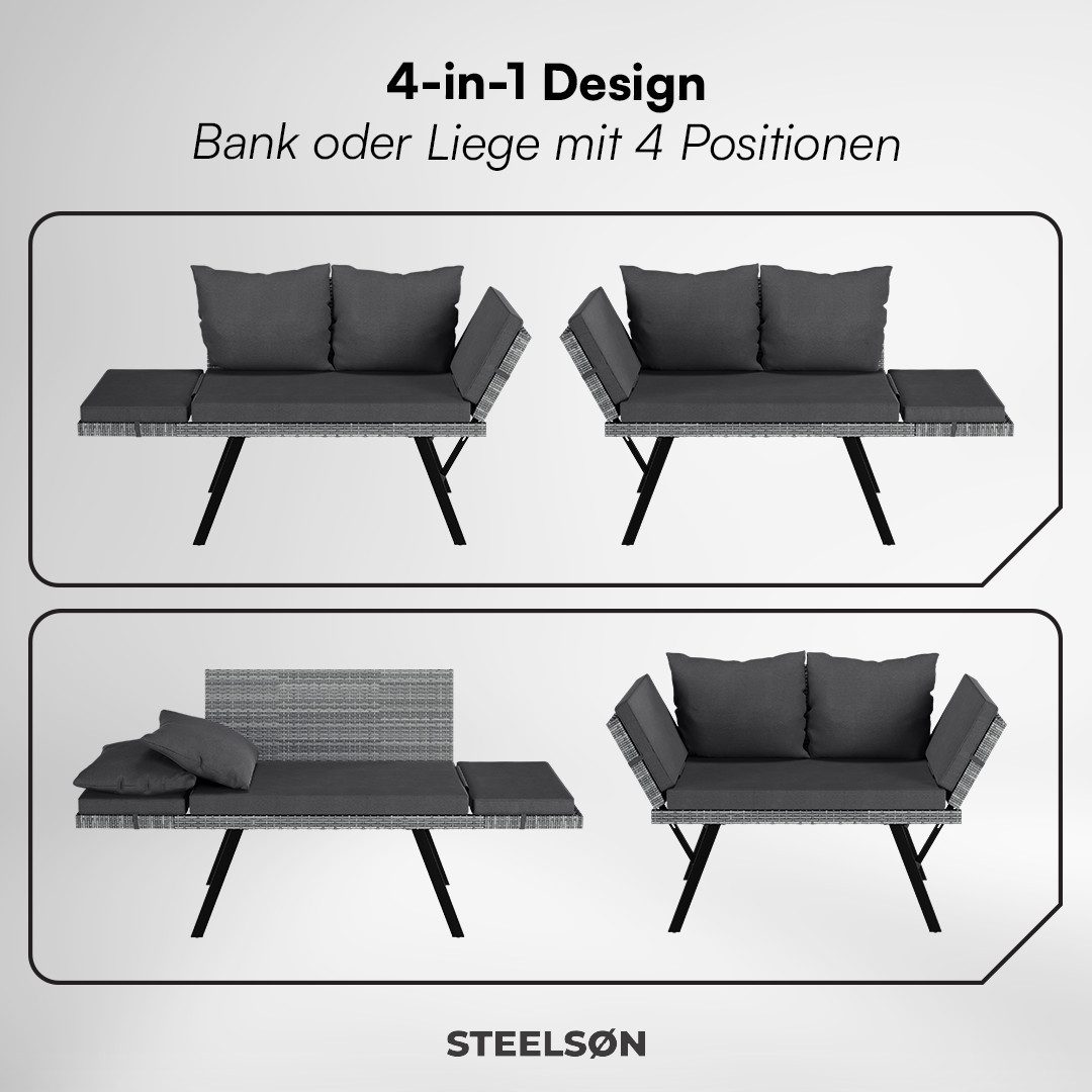 STEELSØN Gartenbank Elytra Relax-Lounge mit klappbaren Armlehnen, 4 Positionen, wetterfest (grau-meliert/anthrazit, inkl. Kissen), Sitzbank mit Liegefunktion bi – Bild 4 von 5