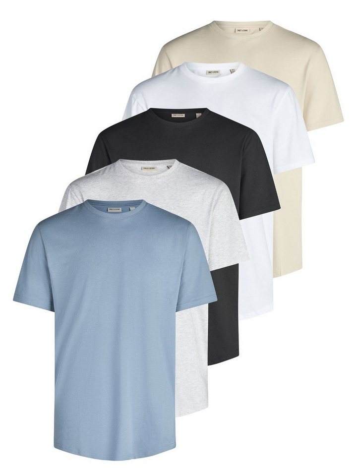 ONLY & SONS T-Shirt Herren Basic Shirt ONSJEFF LONGY 5er Pack Regular Fit (Vorteilspack, 5-tlg) Kurzarm Tee Shirt mit Rundhalsausschnitt aus 100% Baumwolle